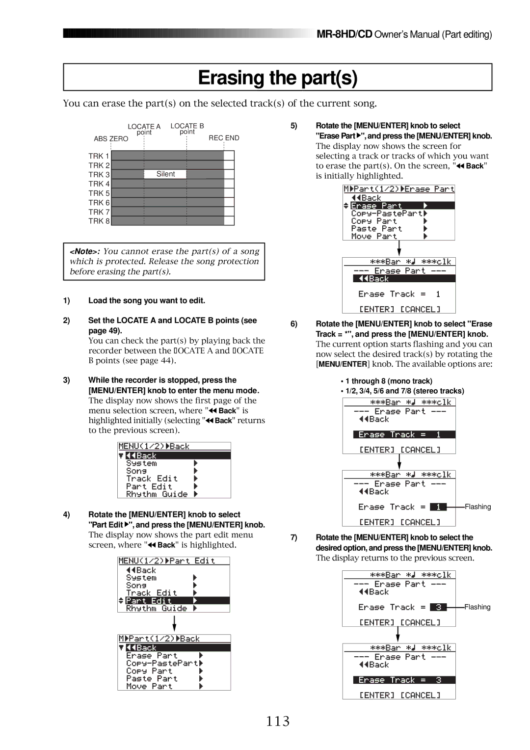 Fostex MR-8CD owner manual Erasing the parts, 113 