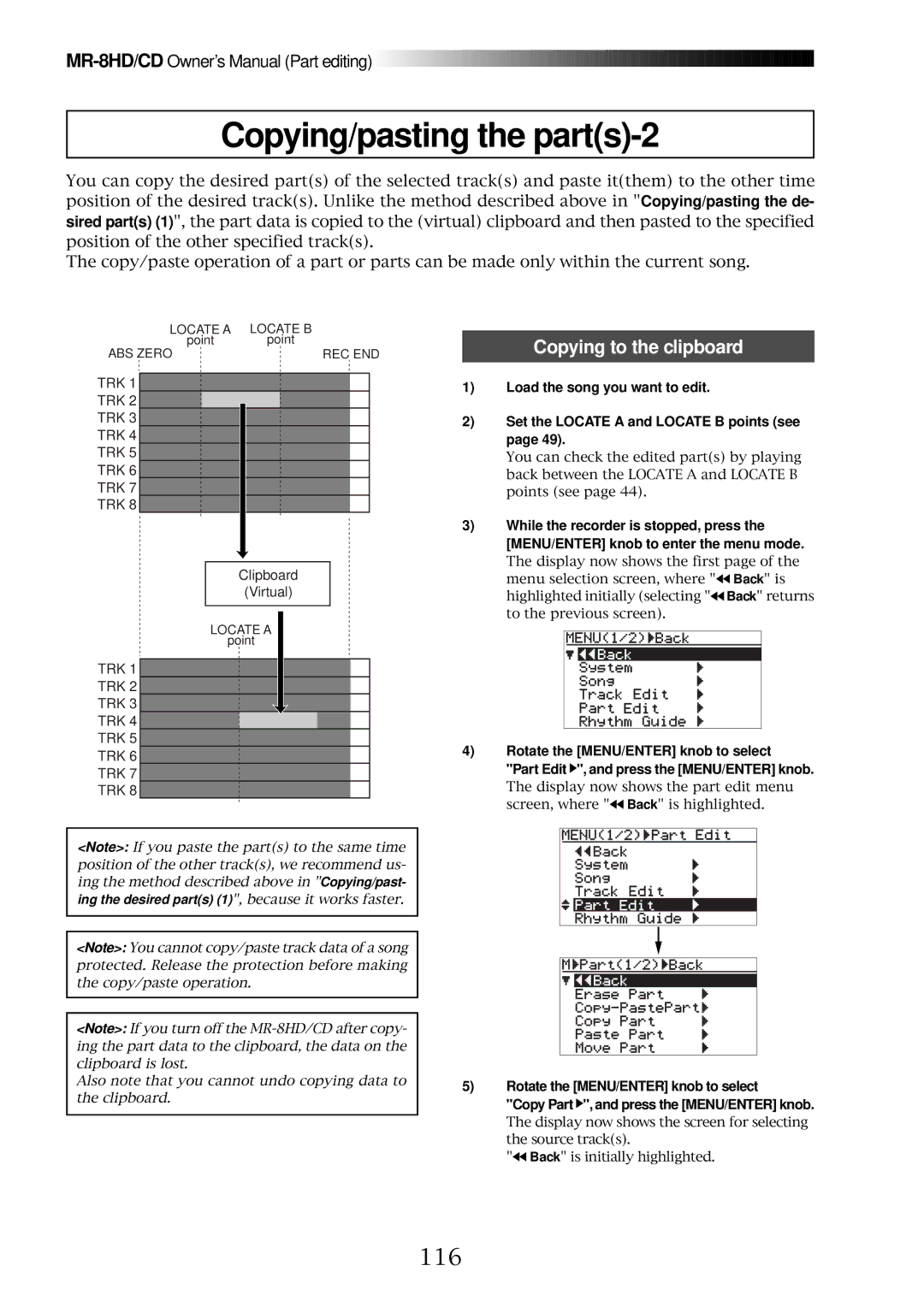 Fostex MR-8CD owner manual Copying/pasting the parts-2, 116, Copying to the clipboard 