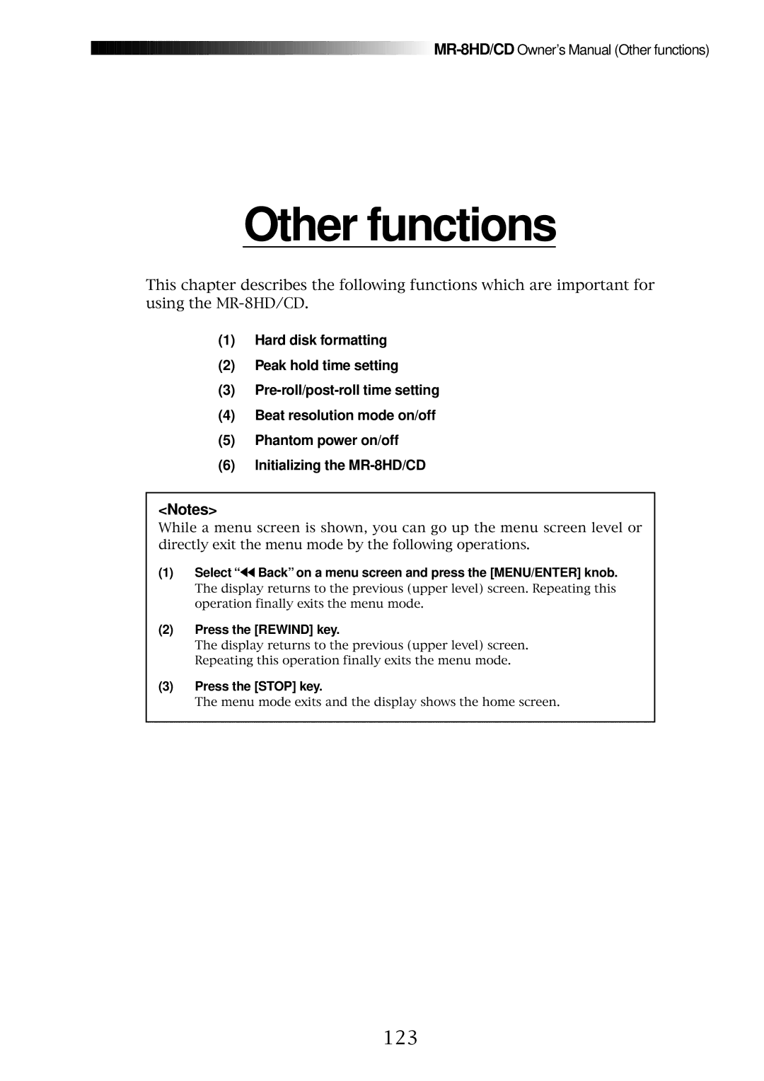 Fostex MR-8CD owner manual Other functions, 123 