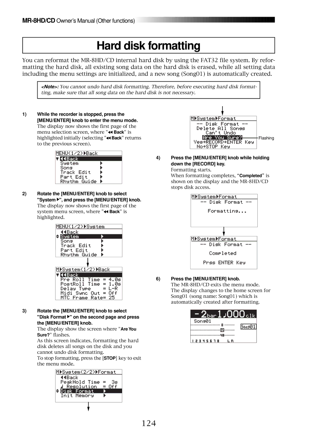 Fostex MR-8CD owner manual Hard disk formatting, 124 