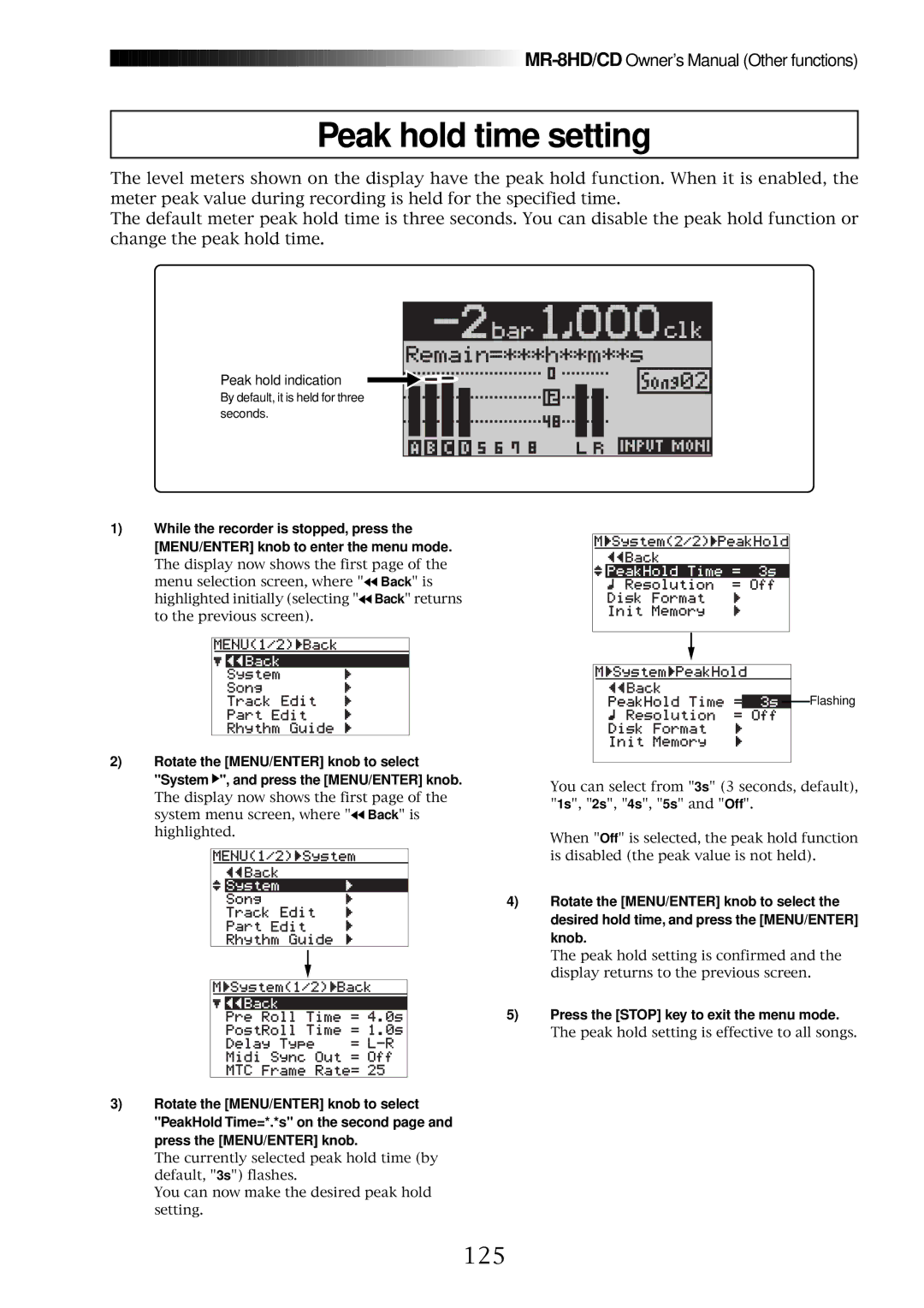 Fostex MR-8CD owner manual Peak hold time setting, 125 