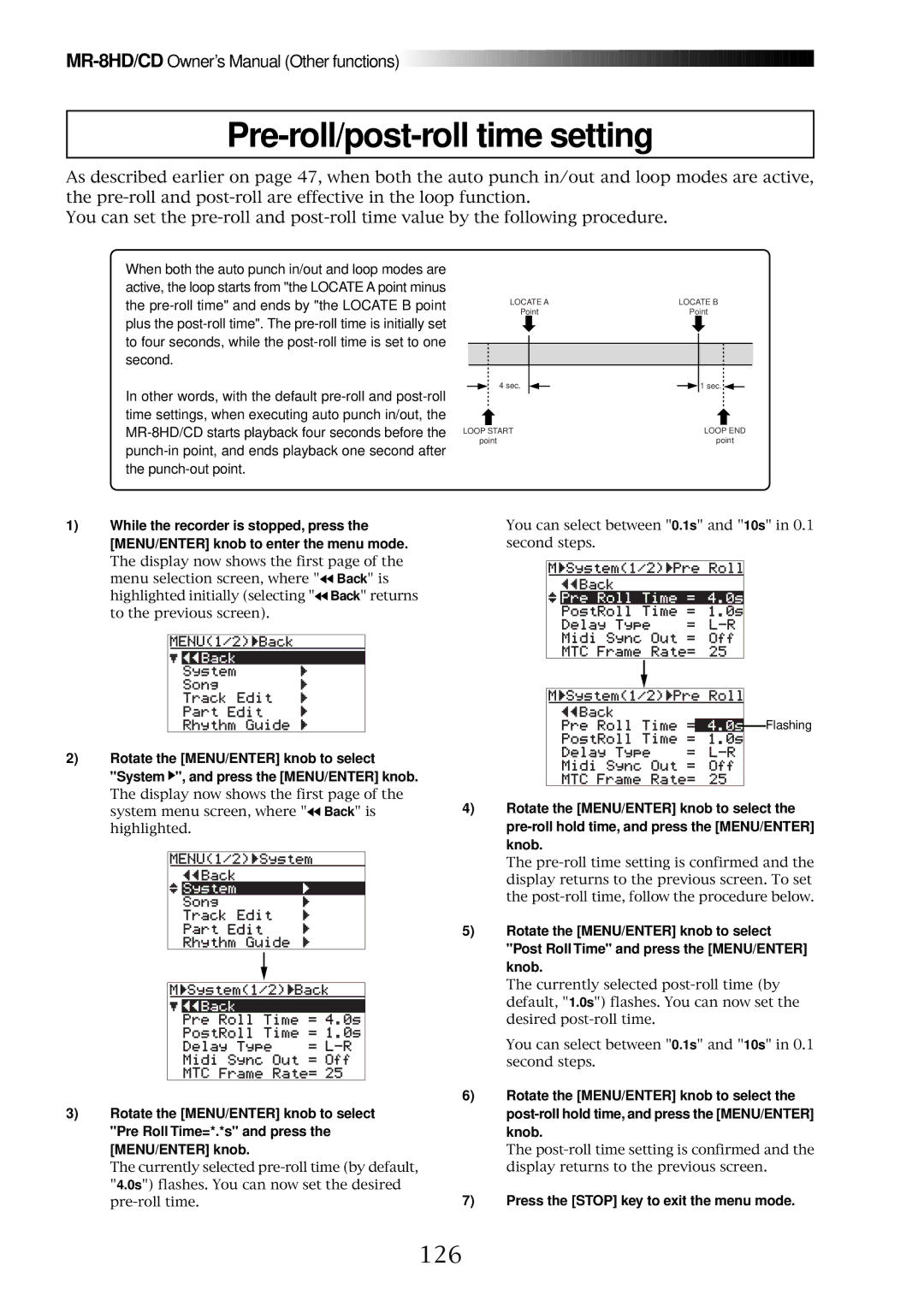 Fostex MR-8CD owner manual Pre-roll/post-roll time setting, 126 