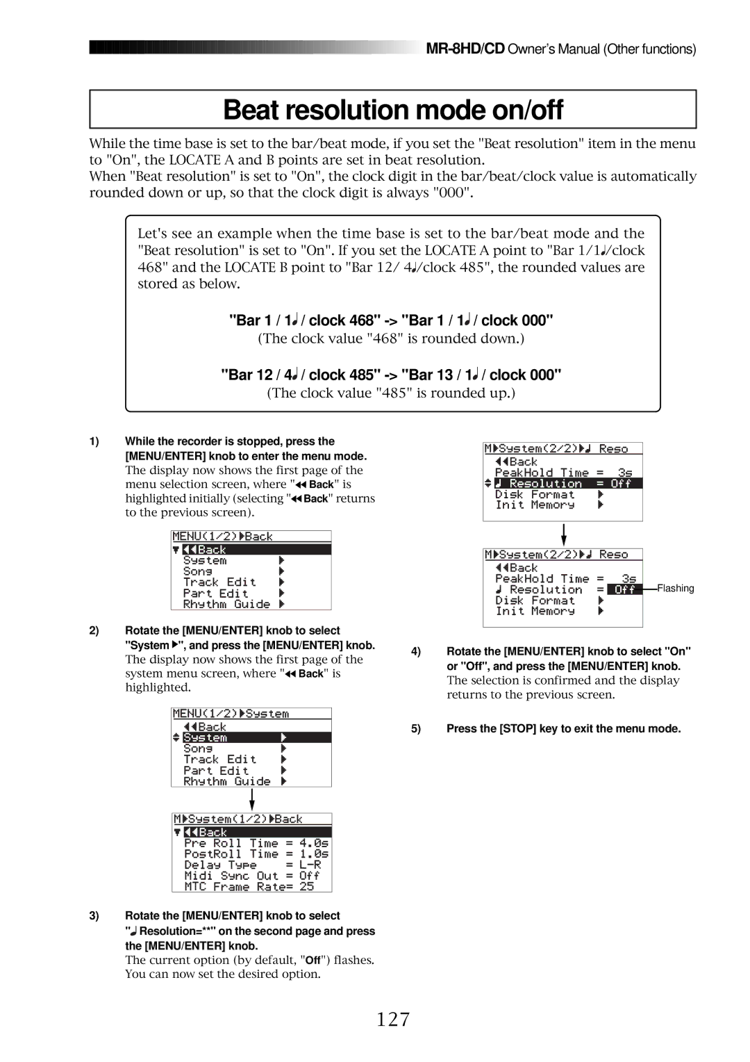 Fostex MR-8CD owner manual Beat resolution mode on/off, 127 