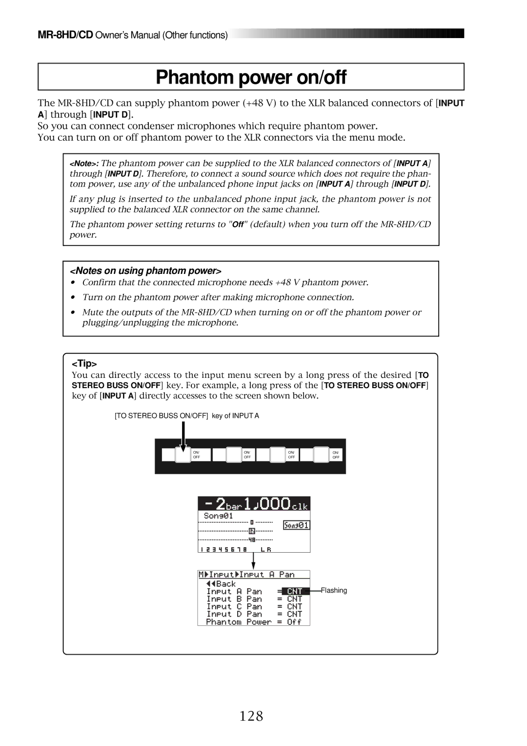 Fostex MR-8CD owner manual Phantom power on/off, 128, Tip 