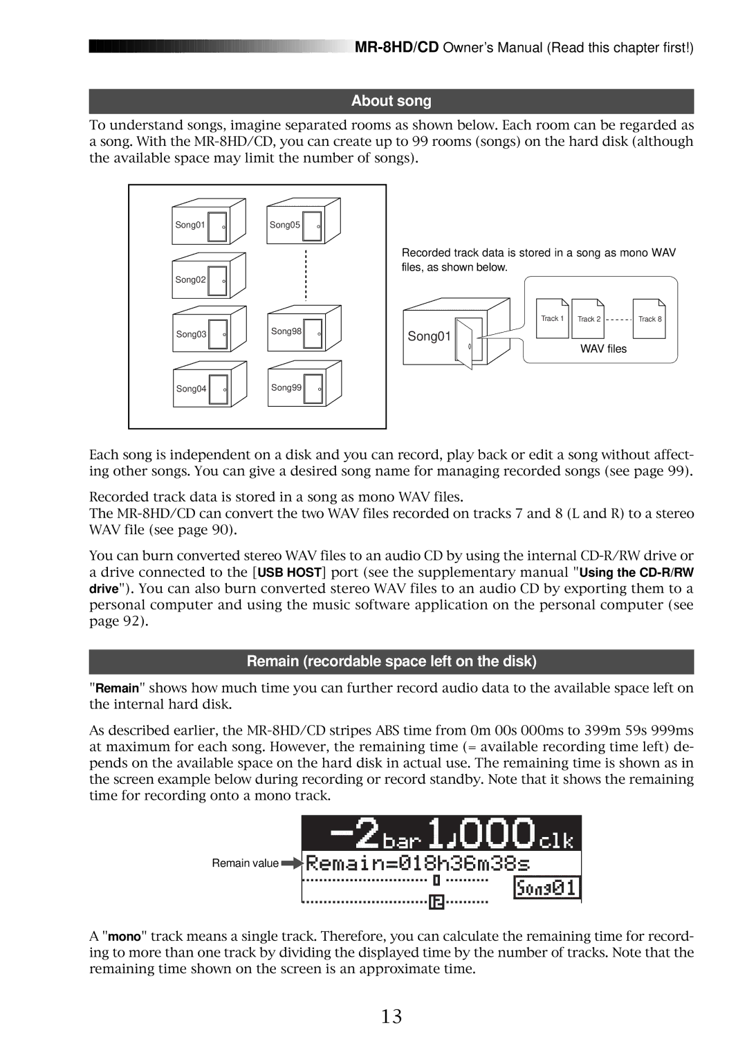 Fostex MR-8CD owner manual About song, Remain recordable space left on the disk 