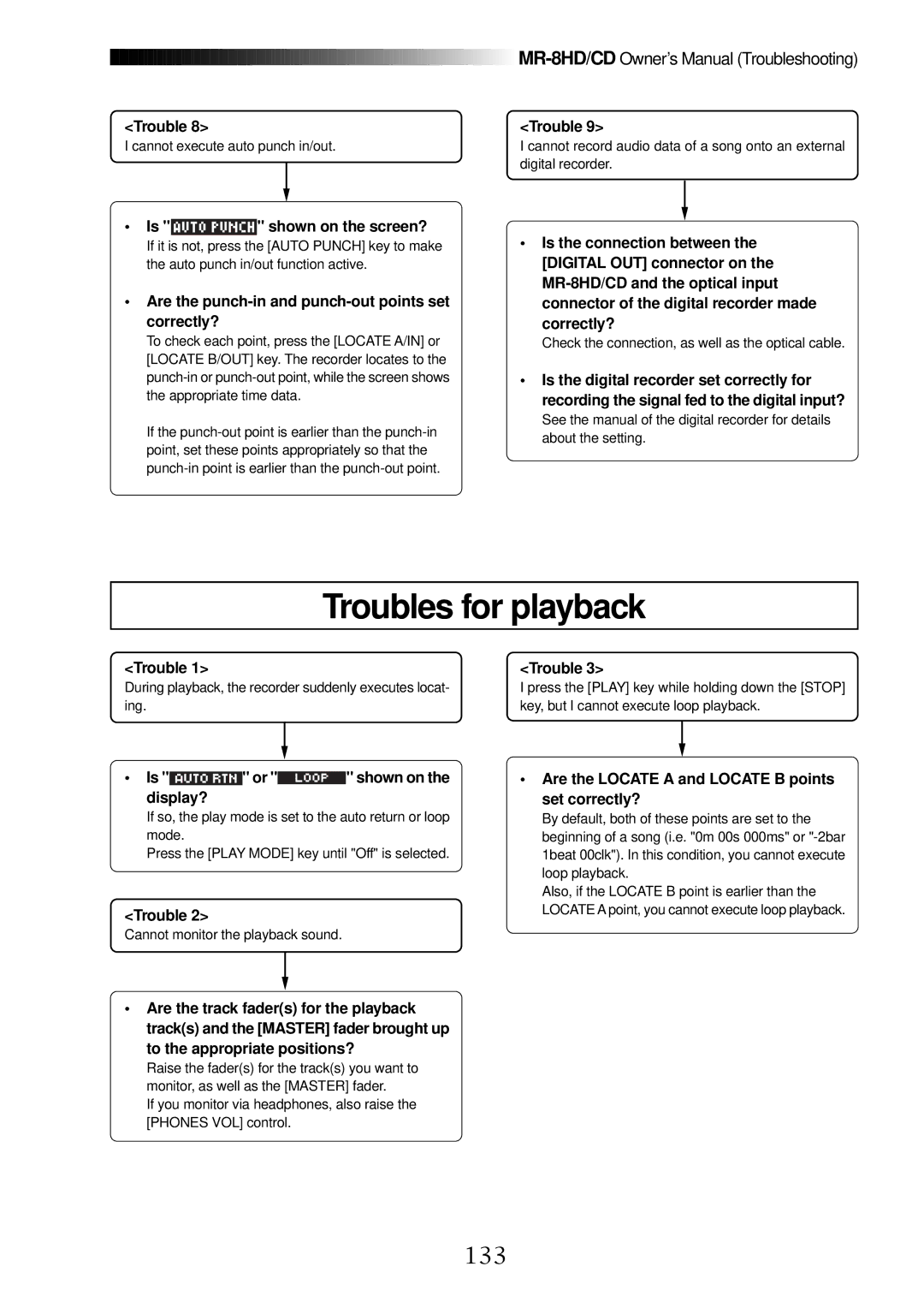 Fostex MR-8CD owner manual Troubles for playback, 133 