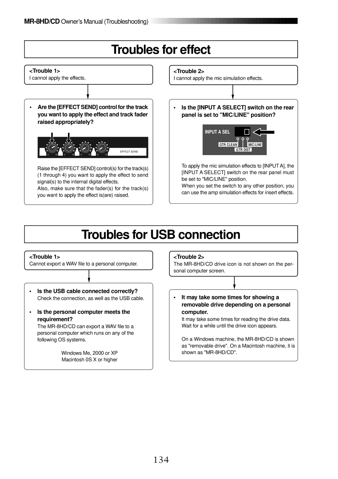 Fostex MR-8CD owner manual Troubles for effect, Troubles for USB connection, 134, Is the USB cable connected correctly? 