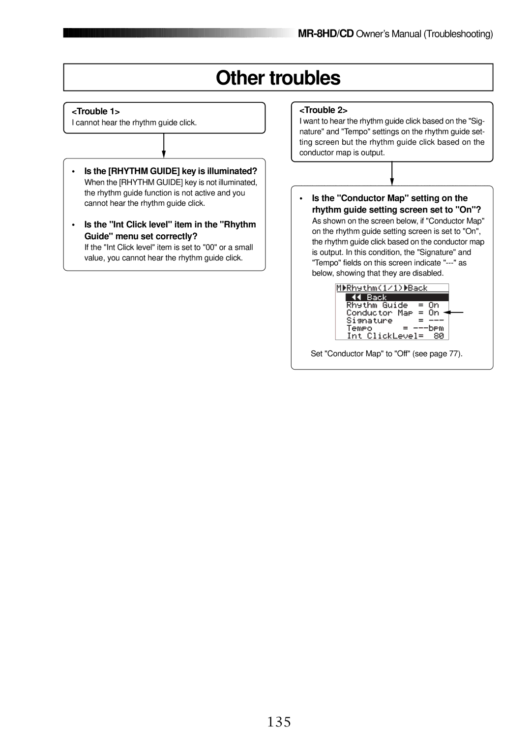 Fostex MR-8CD owner manual Other troubles, 135, Is the Rhythm Guide key is illuminated? 