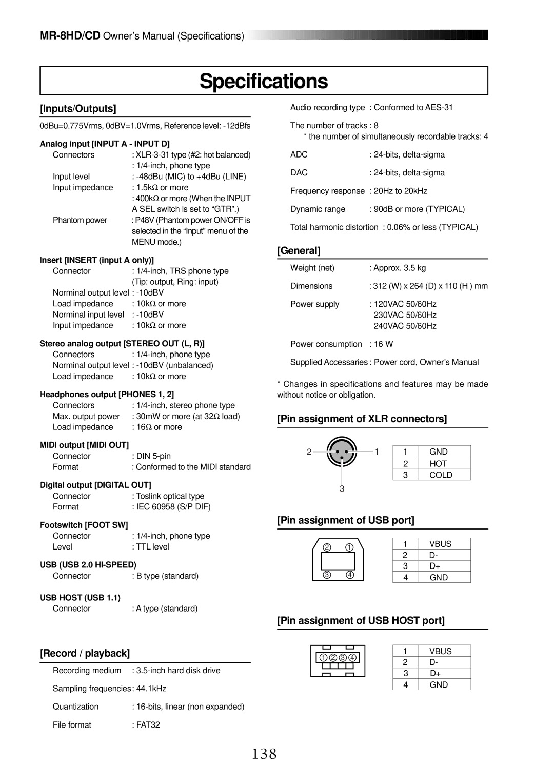 Fostex MR-8CD owner manual Specifications, 138 