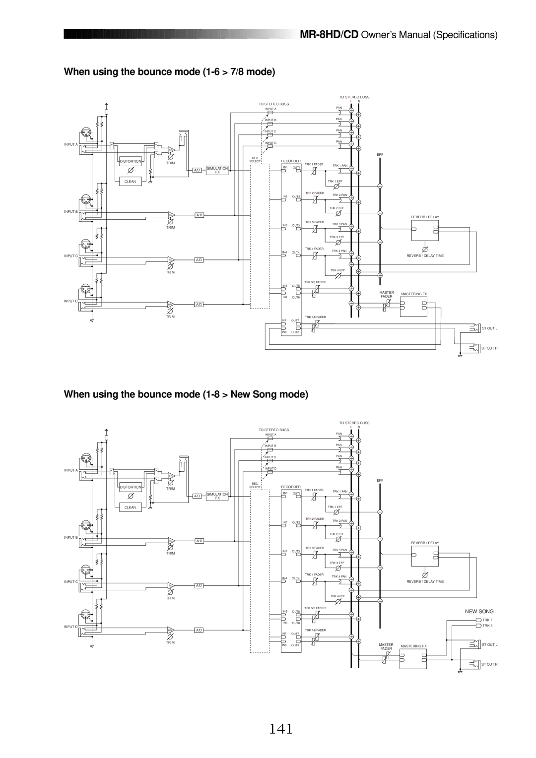 Fostex MR-8CD owner manual 141, When using the bounce mode 1-6 7/8 mode, When using the bounce mode 1-8 New Song mode 