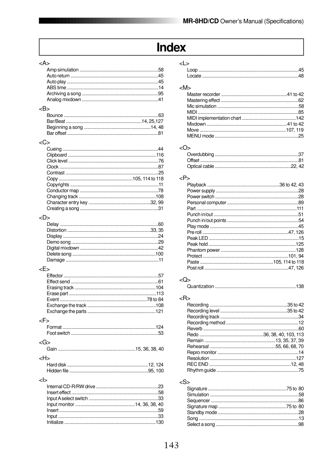 Fostex MR-8CD owner manual Index, 143 