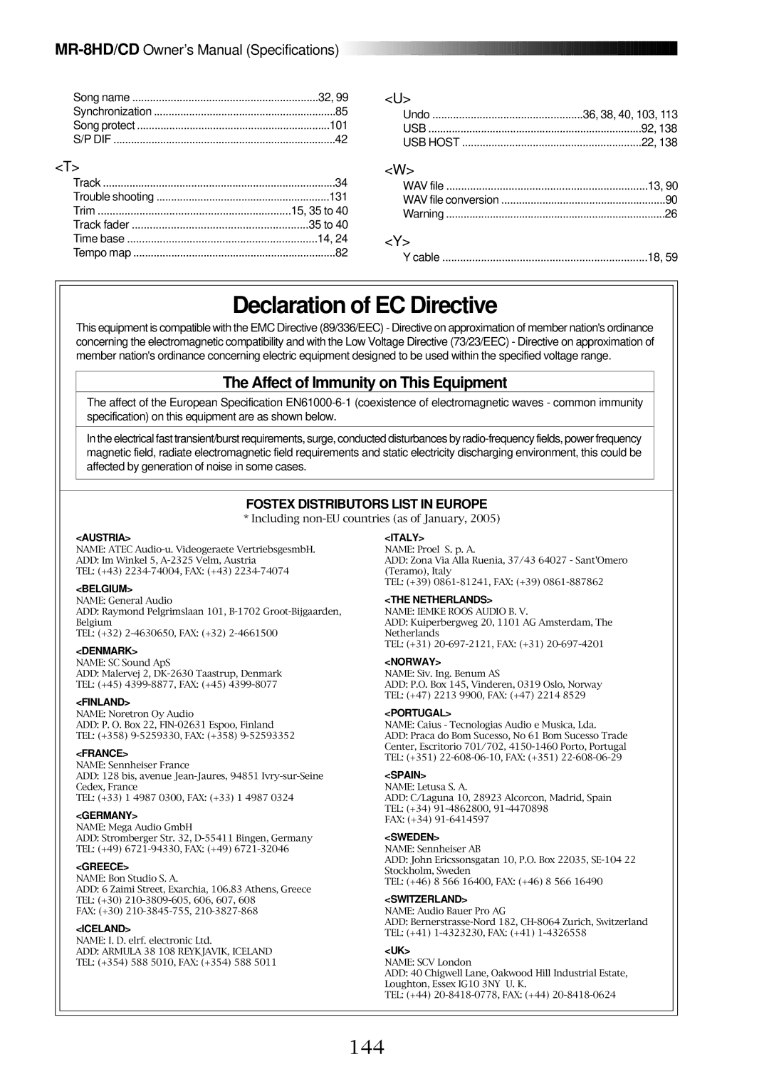 Fostex MR-8CD owner manual Declaration of EC Directive, 144 