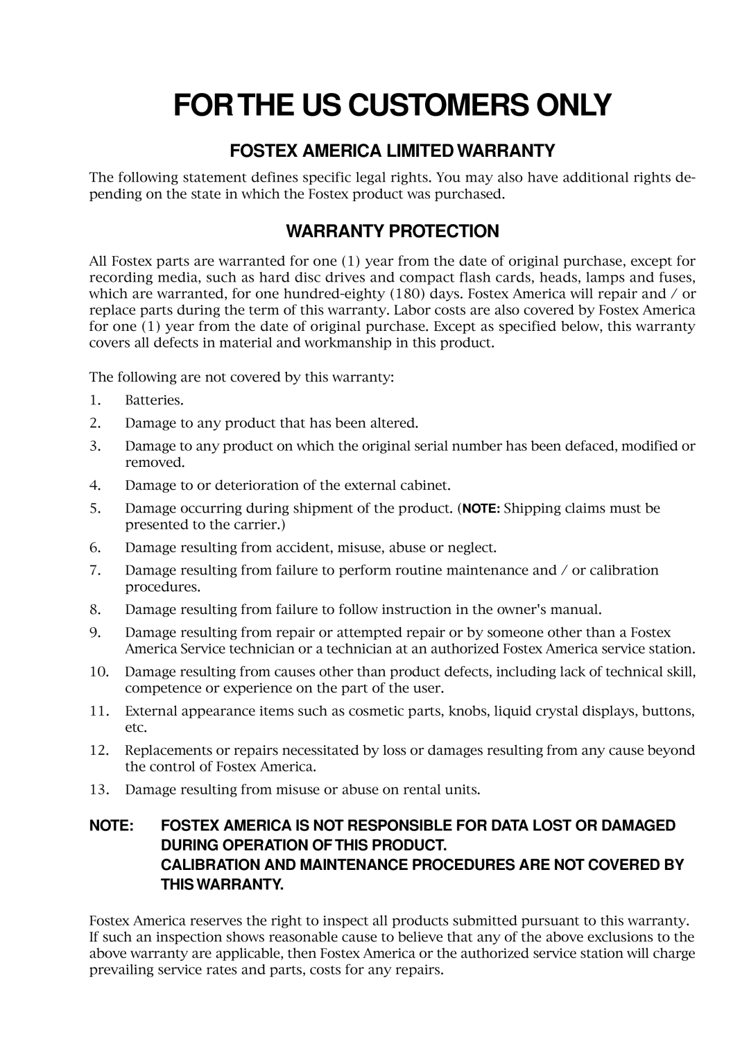 Fostex MR-8CD owner manual For the US Customers only 