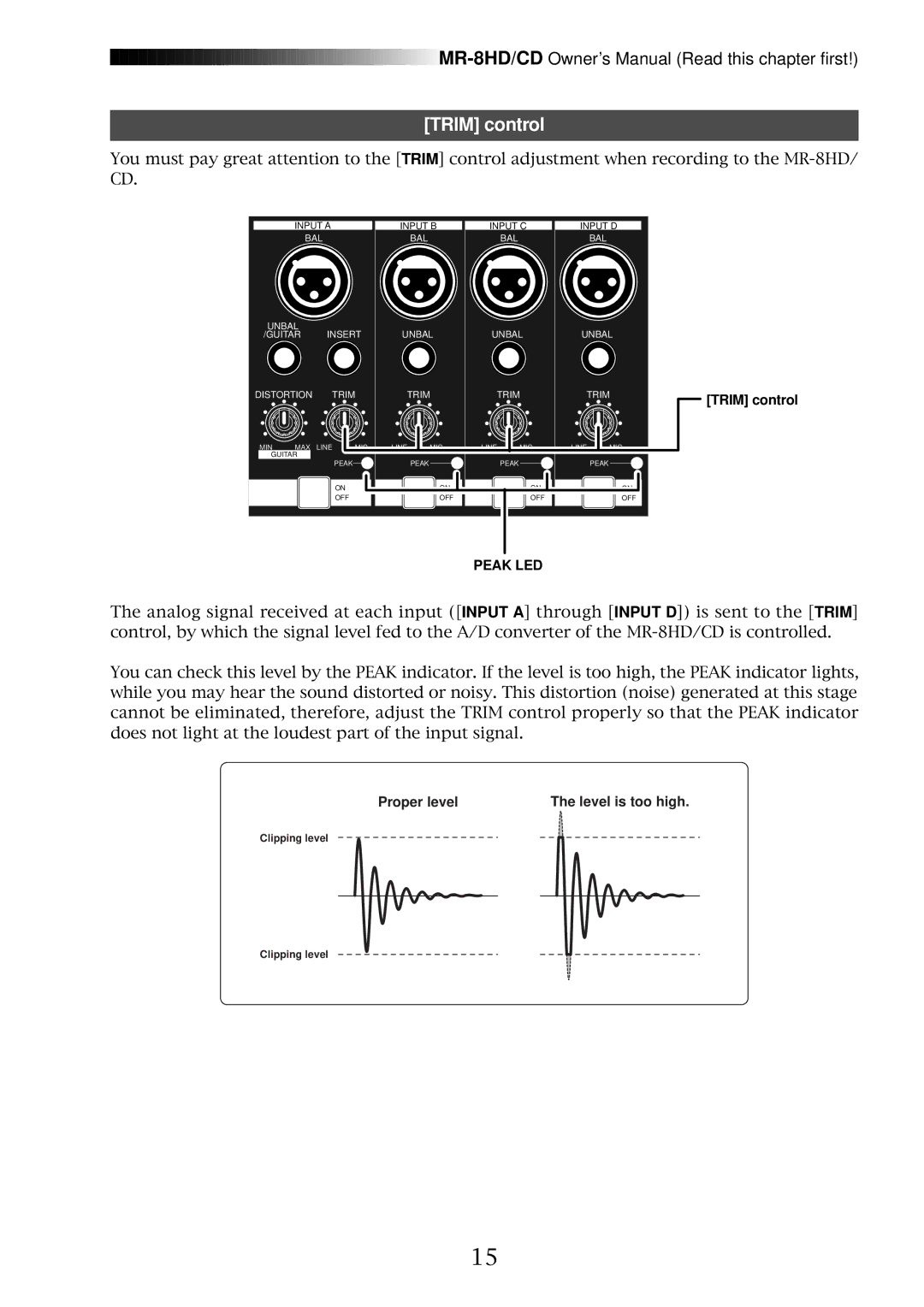 Fostex MR-8CD owner manual Trim control, Proper level Level is too high 