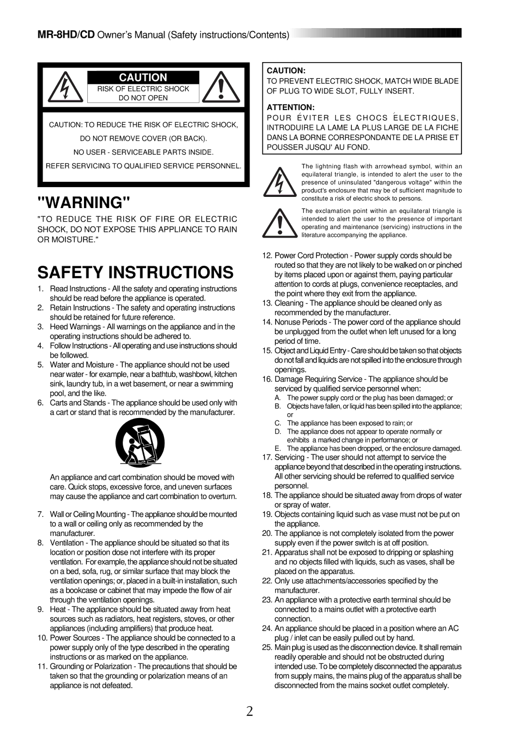 Fostex MR-8CD owner manual Safety Instructions 