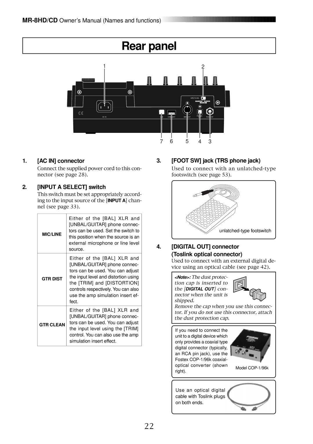 Fostex MR-8CD owner manual Rear panel, AC in connector Foot SW jack TRS phone jack, Input a Select switch 