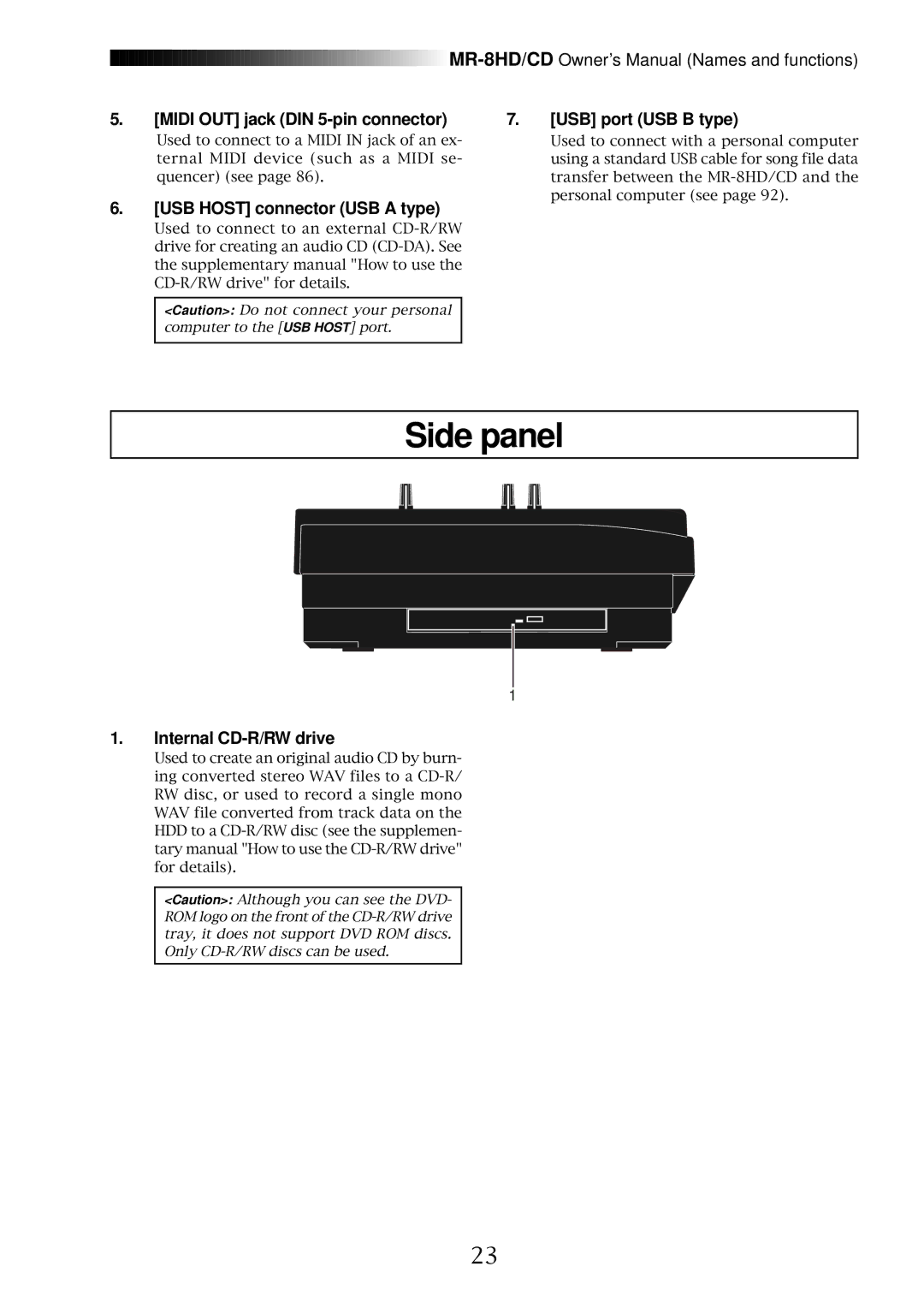 Fostex MR-8CD Side panel, Midi OUT jack DIN 5-pin connector, USB Host connector USB a type, USB port USB B type 