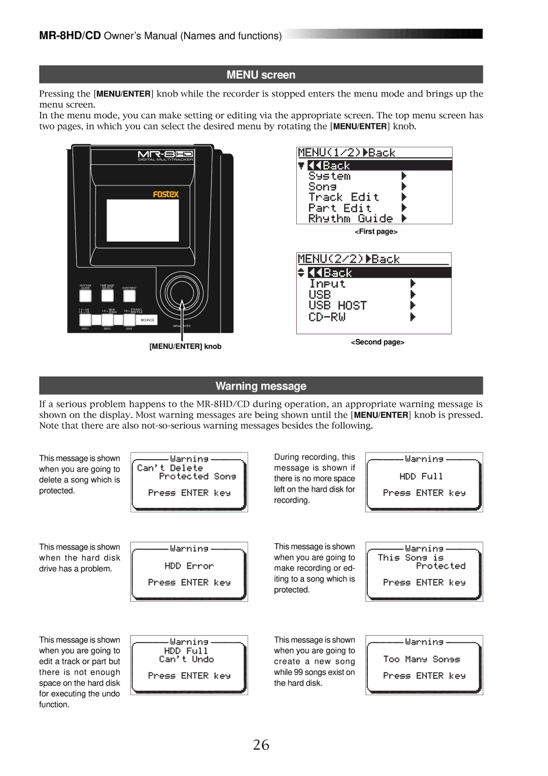 Fostex MR-8CD owner manual Menu screen 