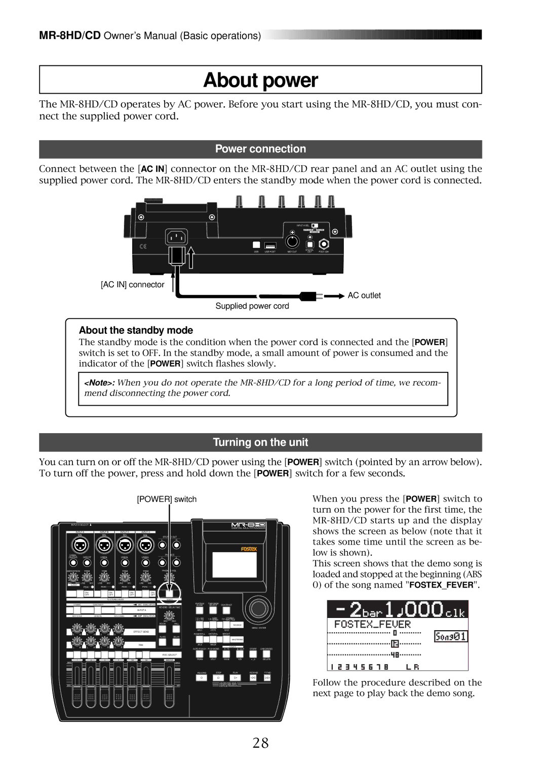 Fostex MR-8CD owner manual About power, Power connection, Turning on the unit, About the standby mode 