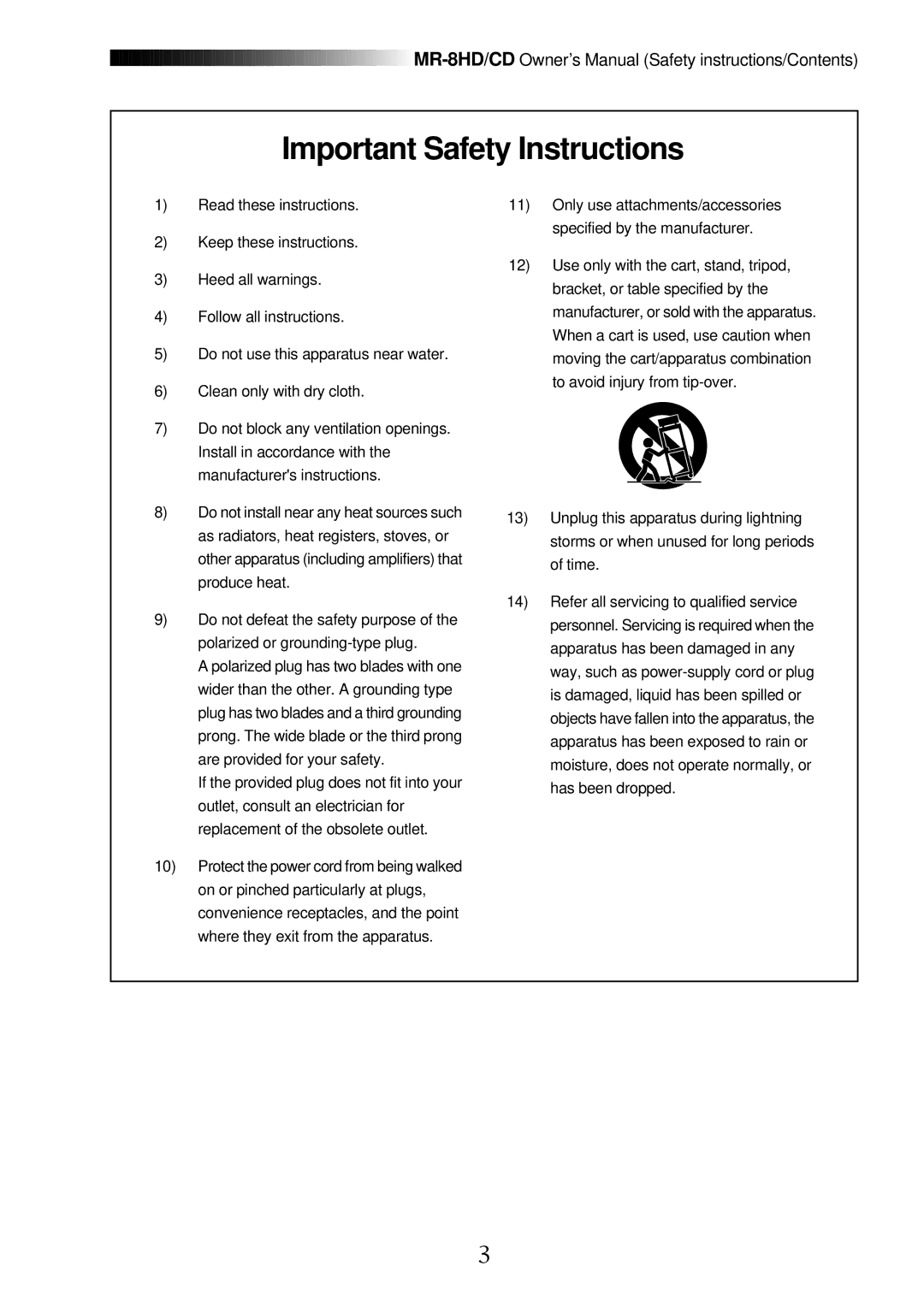 Fostex MR-8CD owner manual Important Safety Instructions 