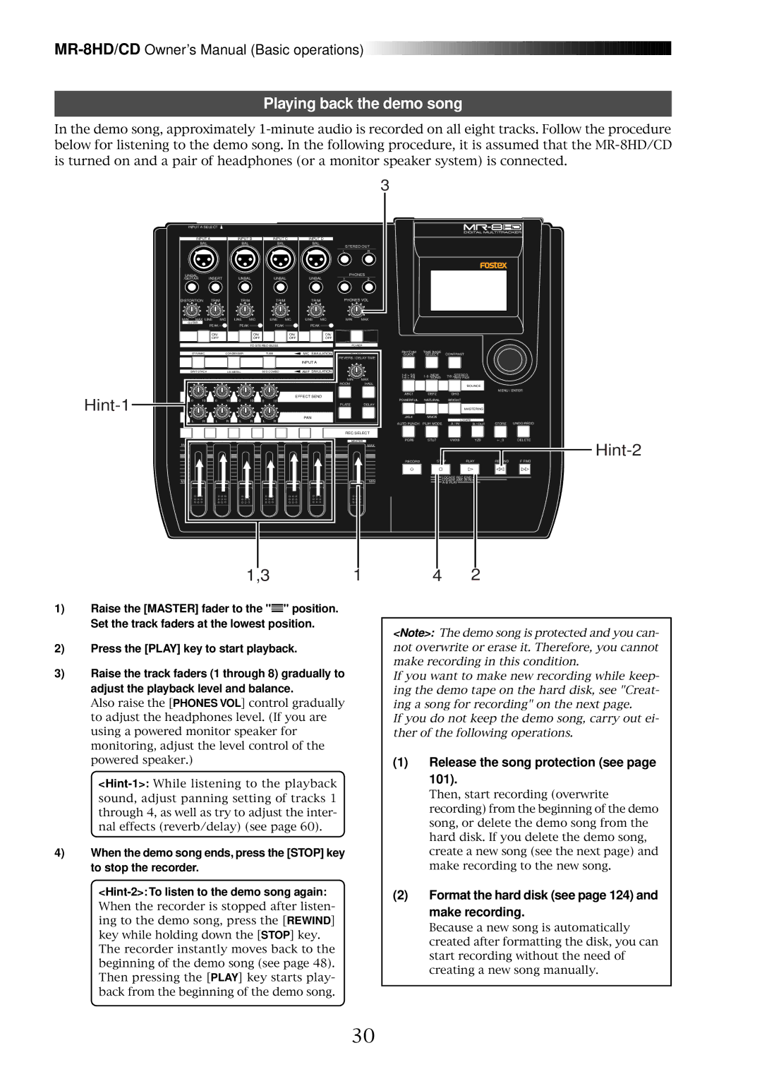 Fostex MR-8CD owner manual Playing back the demo song, Release the song protection see 101 