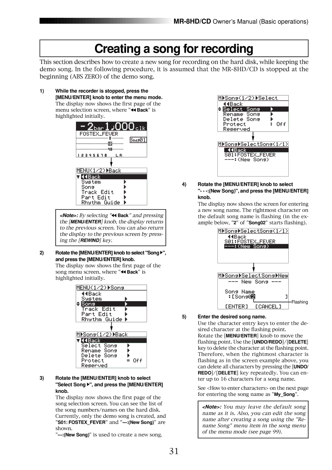 Fostex MR-8CD owner manual Creating a song for recording, Enter the desired song name 