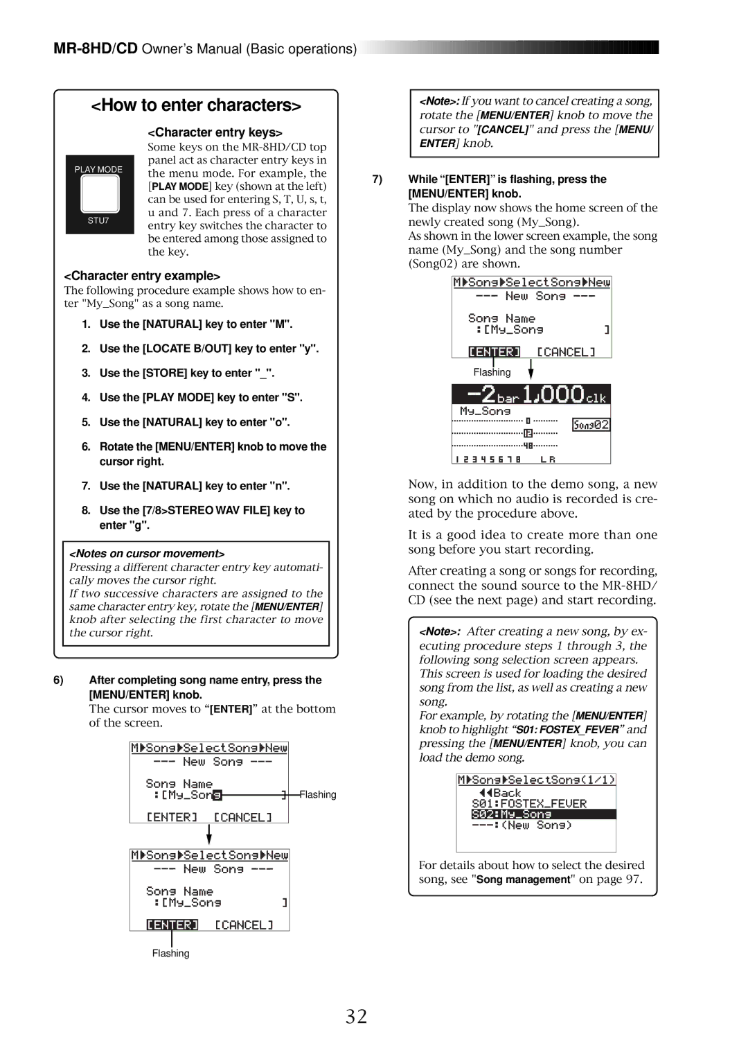 Fostex MR-8CD owner manual Character entry example, After completing song name entry, press the MENU/ENTER knob 