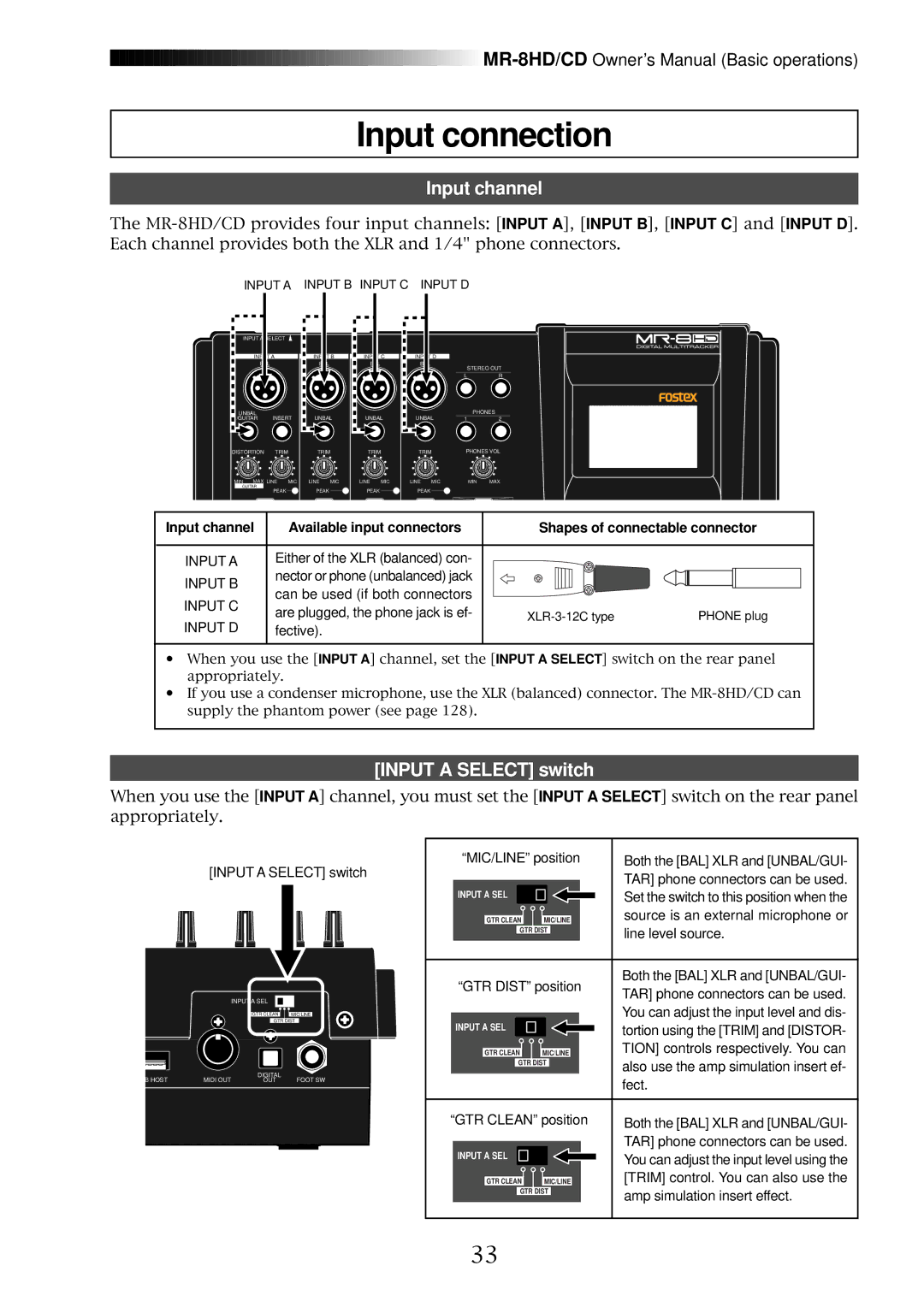 Fostex MR-8CD owner manual Input connection, Input channel, Input a Select switch 