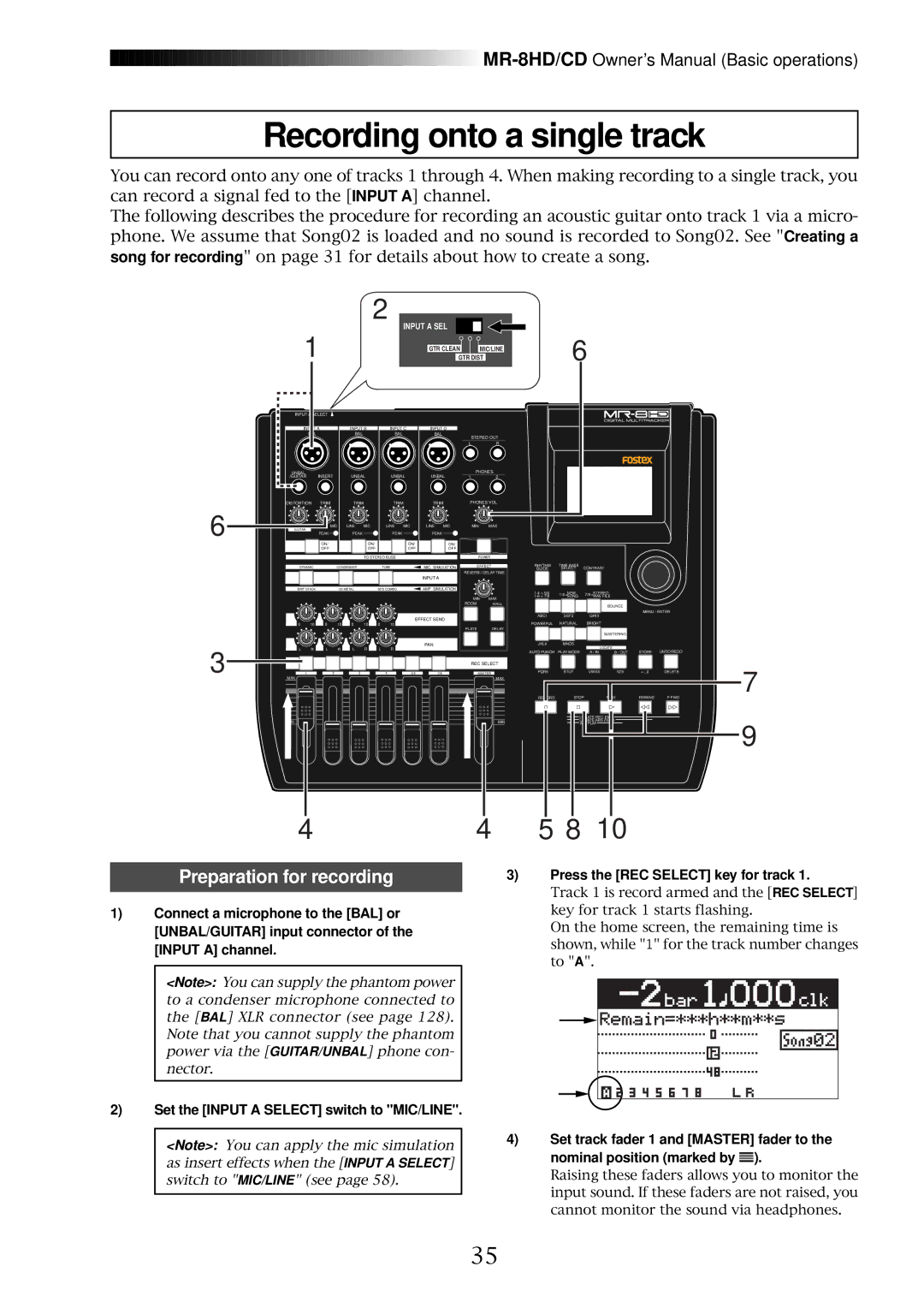 Fostex MR-8CD owner manual Recording onto a single track, Preparation for recording 