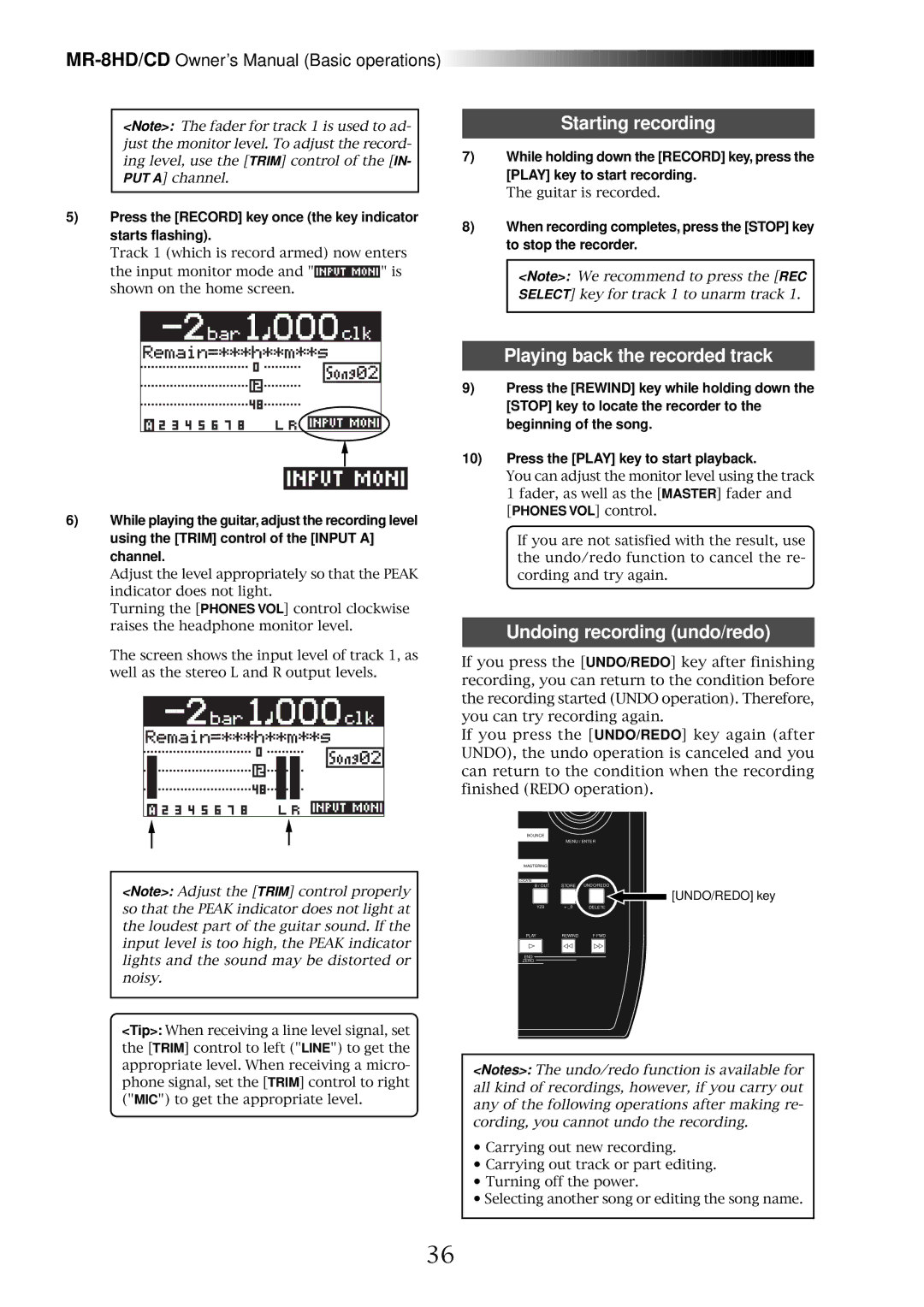 Fostex MR-8CD owner manual Starting recording, Playing back the recorded track, Undoing recording undo/redo 