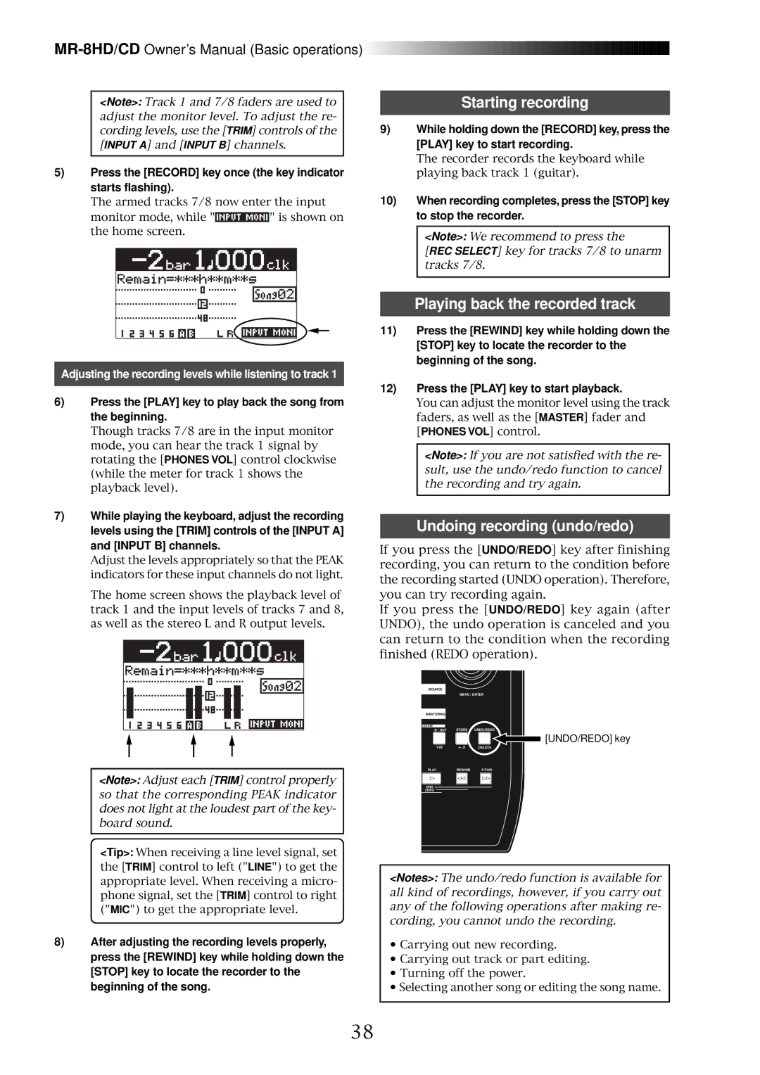 Fostex MR-8CD owner manual Adjusting the recording levels while listening to track 