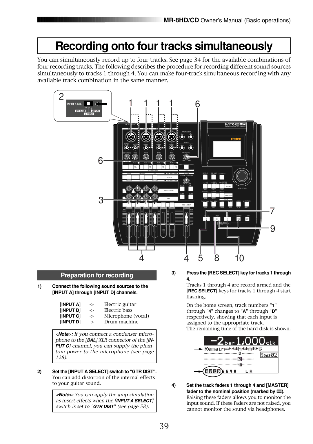 Fostex MR-8CD owner manual Recording onto four tracks simultaneously, Set the Input a Select switch to GTR Dist 