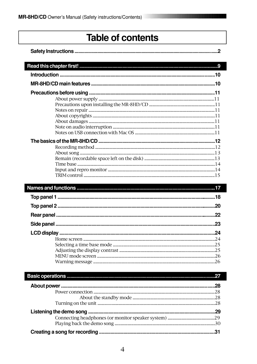 Fostex MR-8CD owner manual Table of contents 