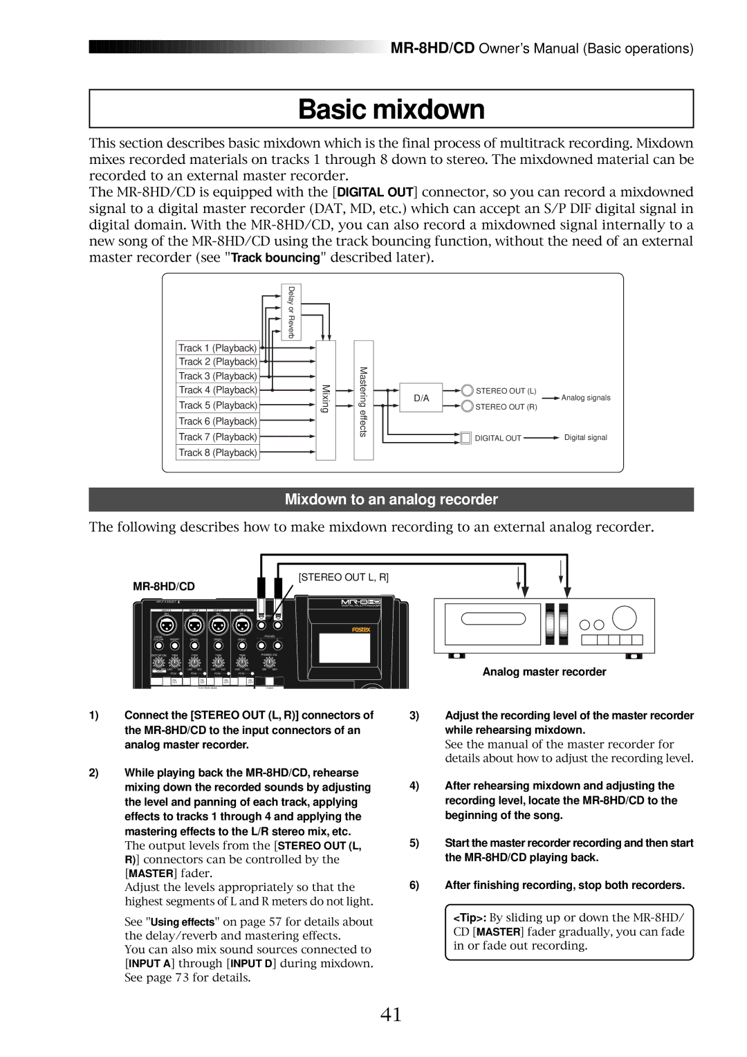 Fostex MR-8CD owner manual Basic mixdown, Mixdown to an analog recorder 