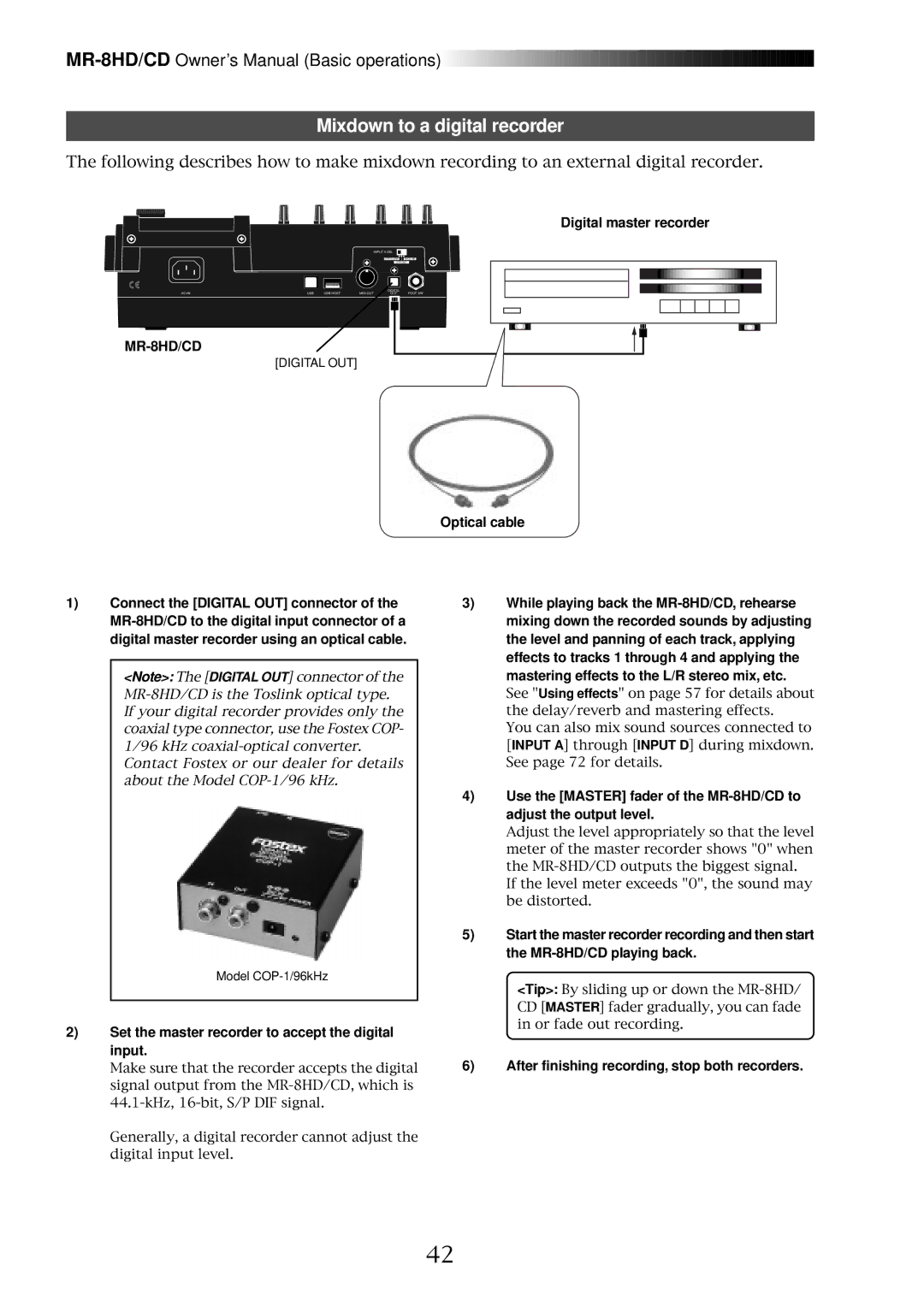 Fostex MR-8CD owner manual Mixdown to a digital recorder, Digital master recorder, Optical cable 