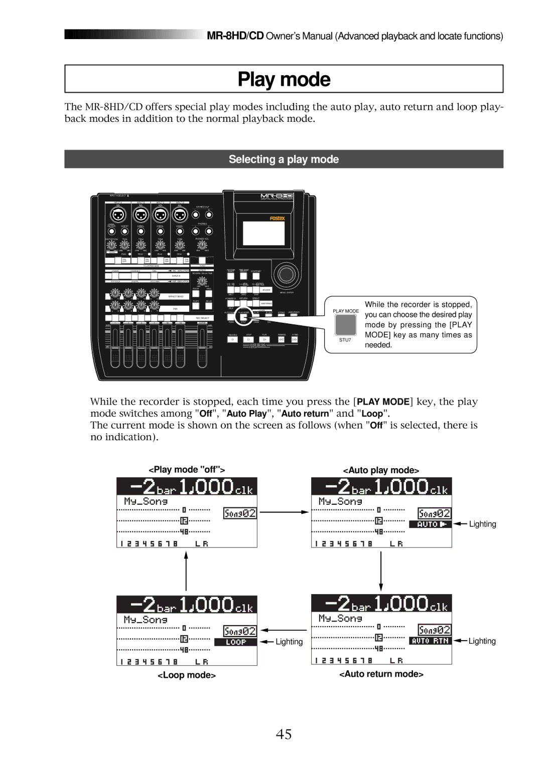 Fostex MR-8CD owner manual Selecting a play mode, Play mode off Auto play mode, Loop mode, Auto return mode 