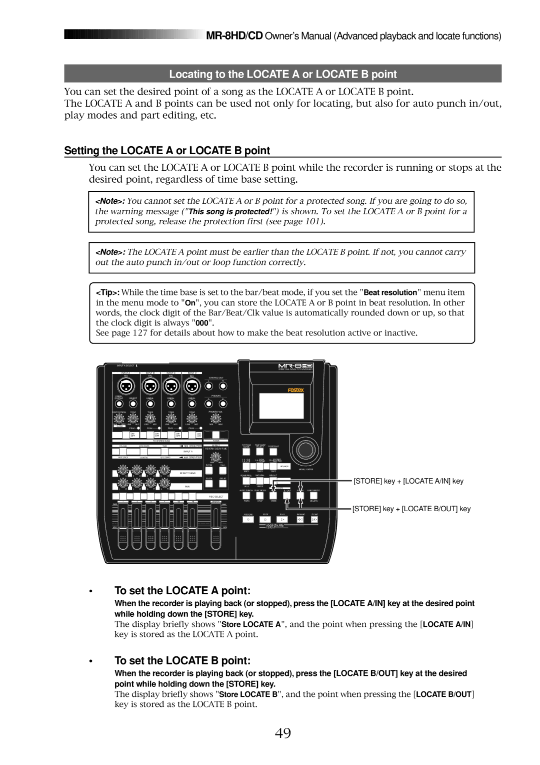 Fostex MR-8CD owner manual Locating to the Locate a or Locate B point, Setting the Locate a or Locate B point 