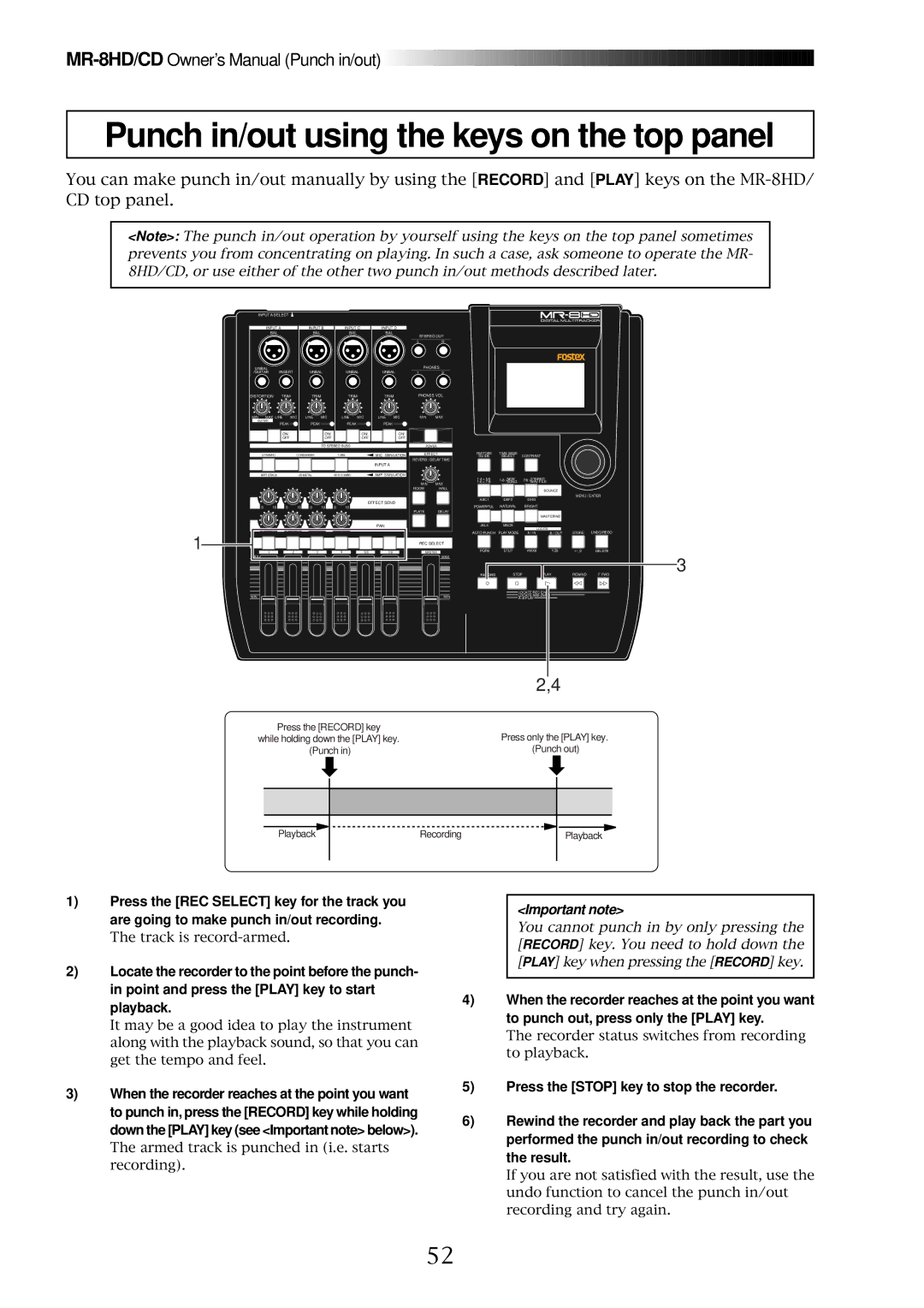 Fostex MR-8CD owner manual Punch in/out using the keys on the top panel, Important note 