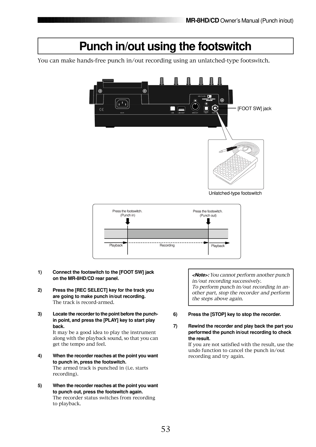 Fostex MR-8CD owner manual Punch in/out using the footswitch, Foot SW jack 