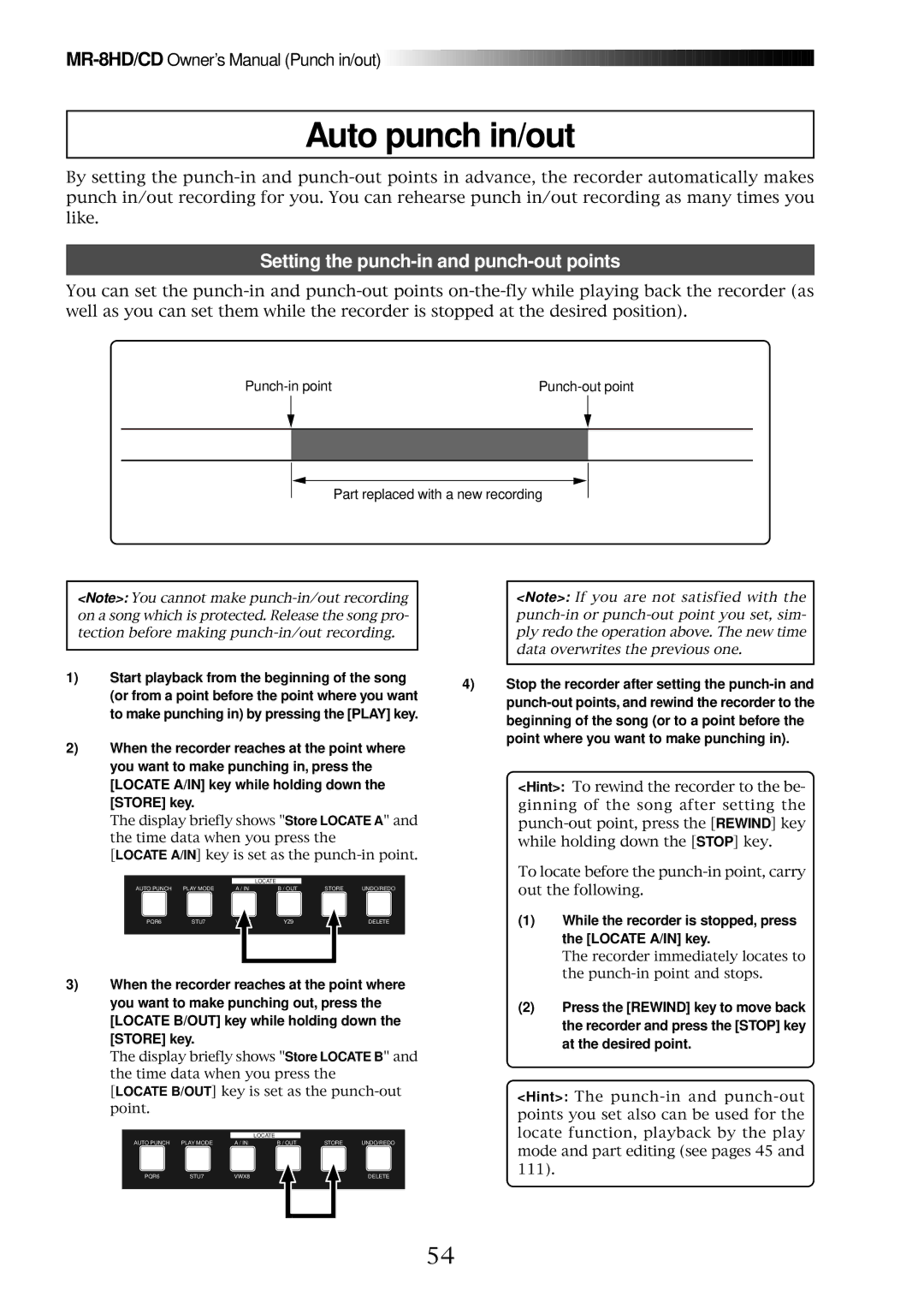 Fostex MR-8CD owner manual Auto punch in/out, Setting the punch-in and punch-out points 