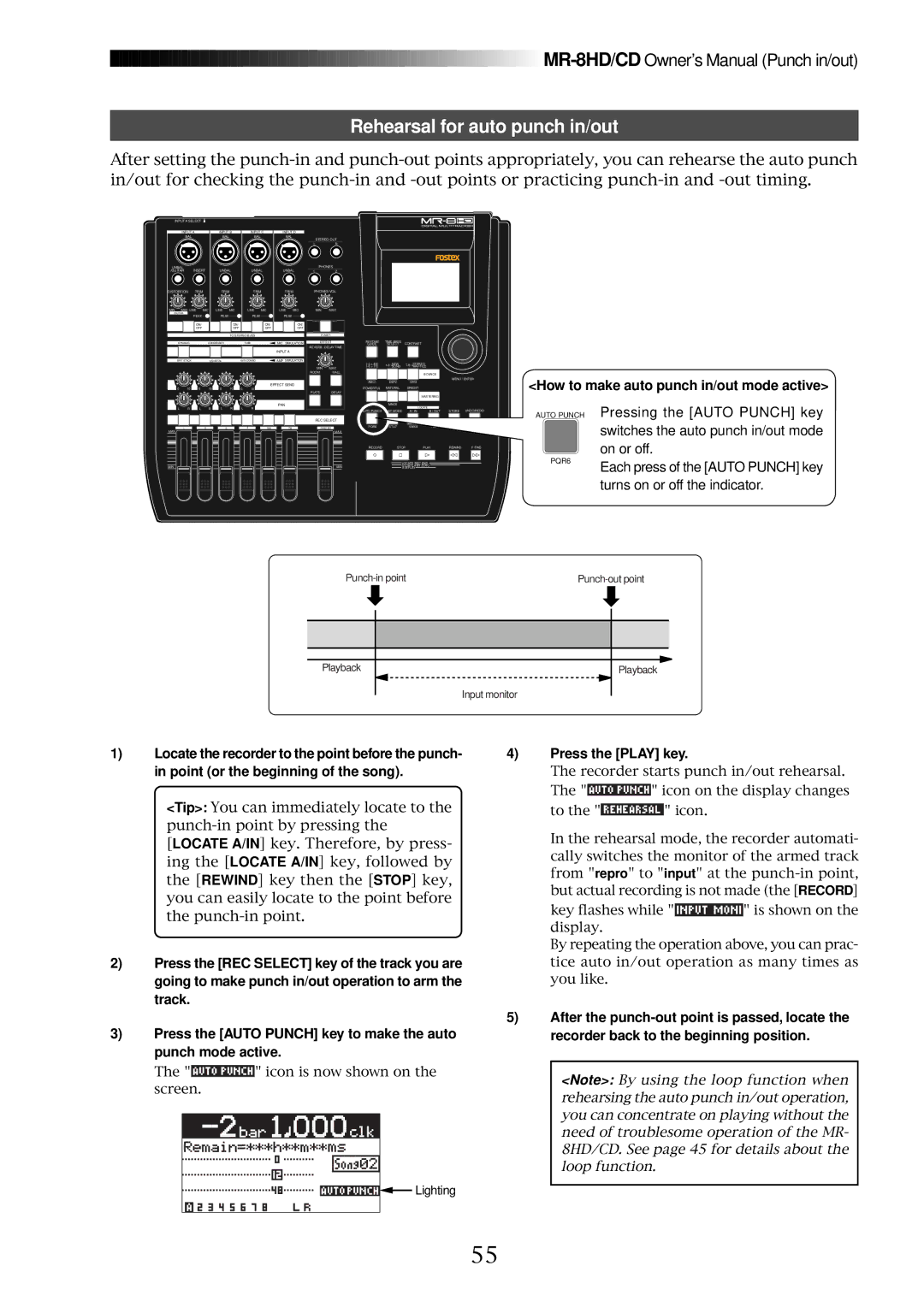 Fostex MR-8CD owner manual Rehearsal for auto punch in/out, How to make auto punch in/out mode active, Press the Play key 