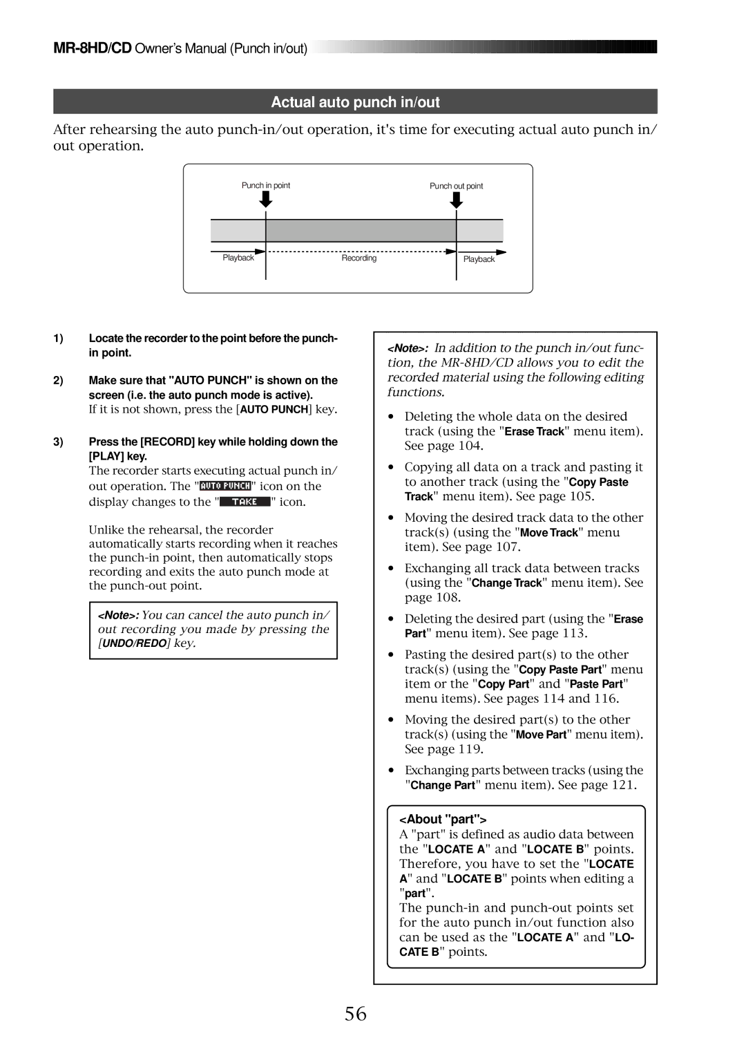 Fostex MR-8CD owner manual Actual auto punch in/out, About part, Press the Record key while holding down the Play key 