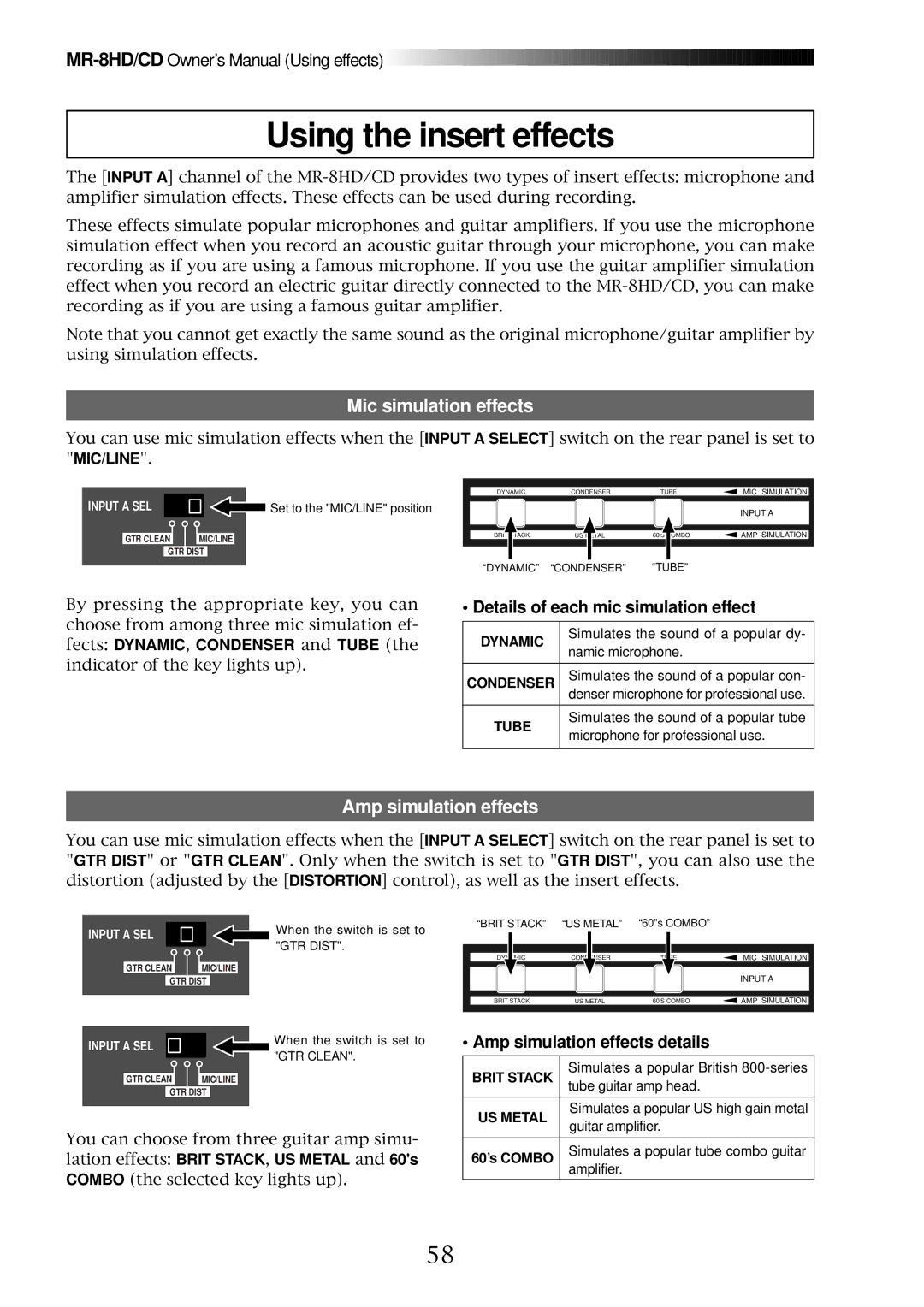 Fostex MR-8CD owner manual Using the insert effects, Mic simulation effects, Amp simulation effects details 