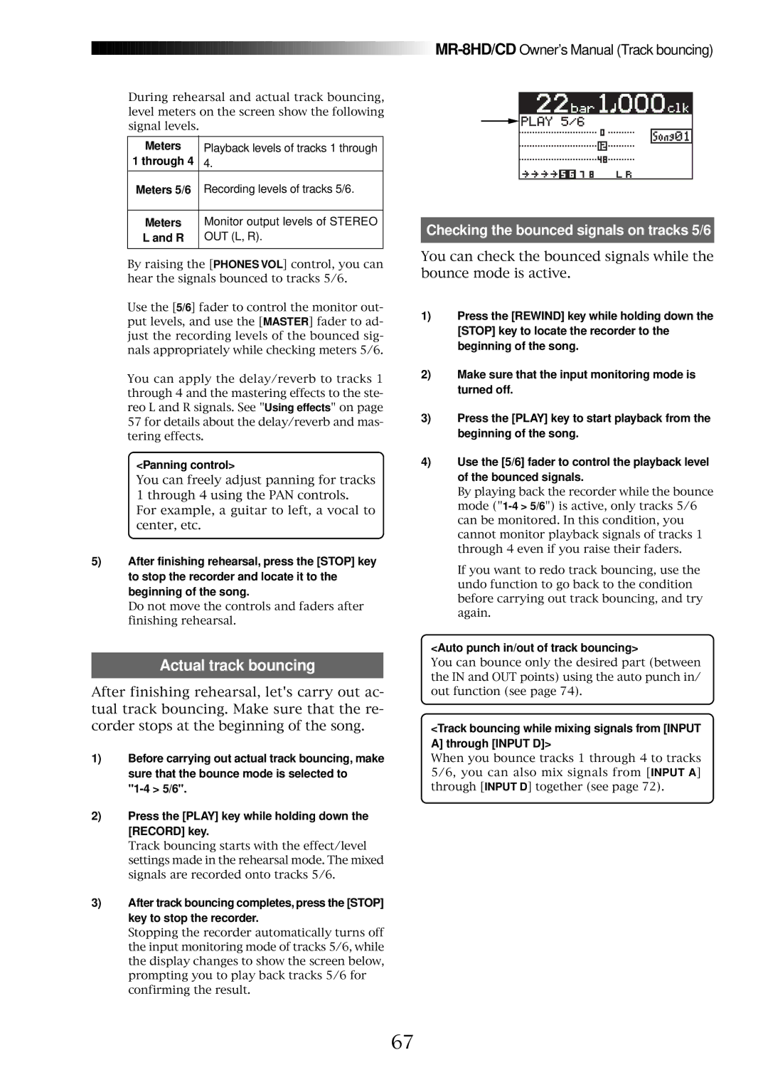 Fostex MR-8CD owner manual Actual track bouncing, Meters, Panning control, Auto punch in/out of track bouncing 