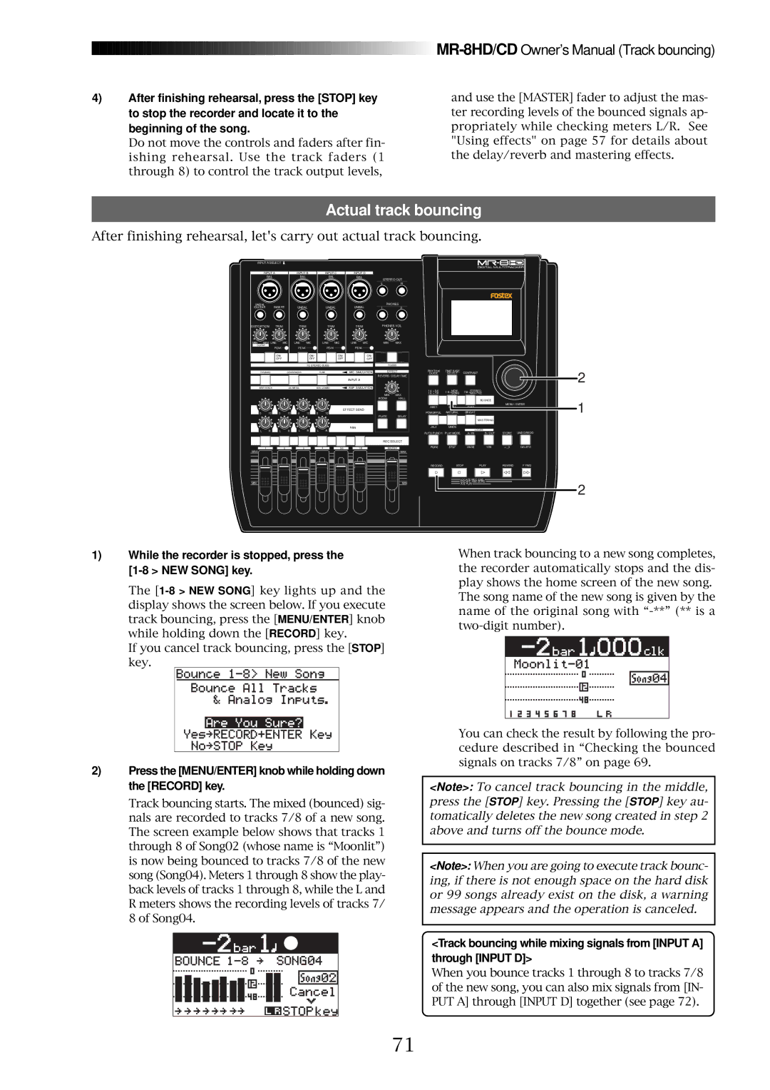 Fostex MR-8CD owner manual While the recorder is stopped, press the 1-8 NEW Song key 