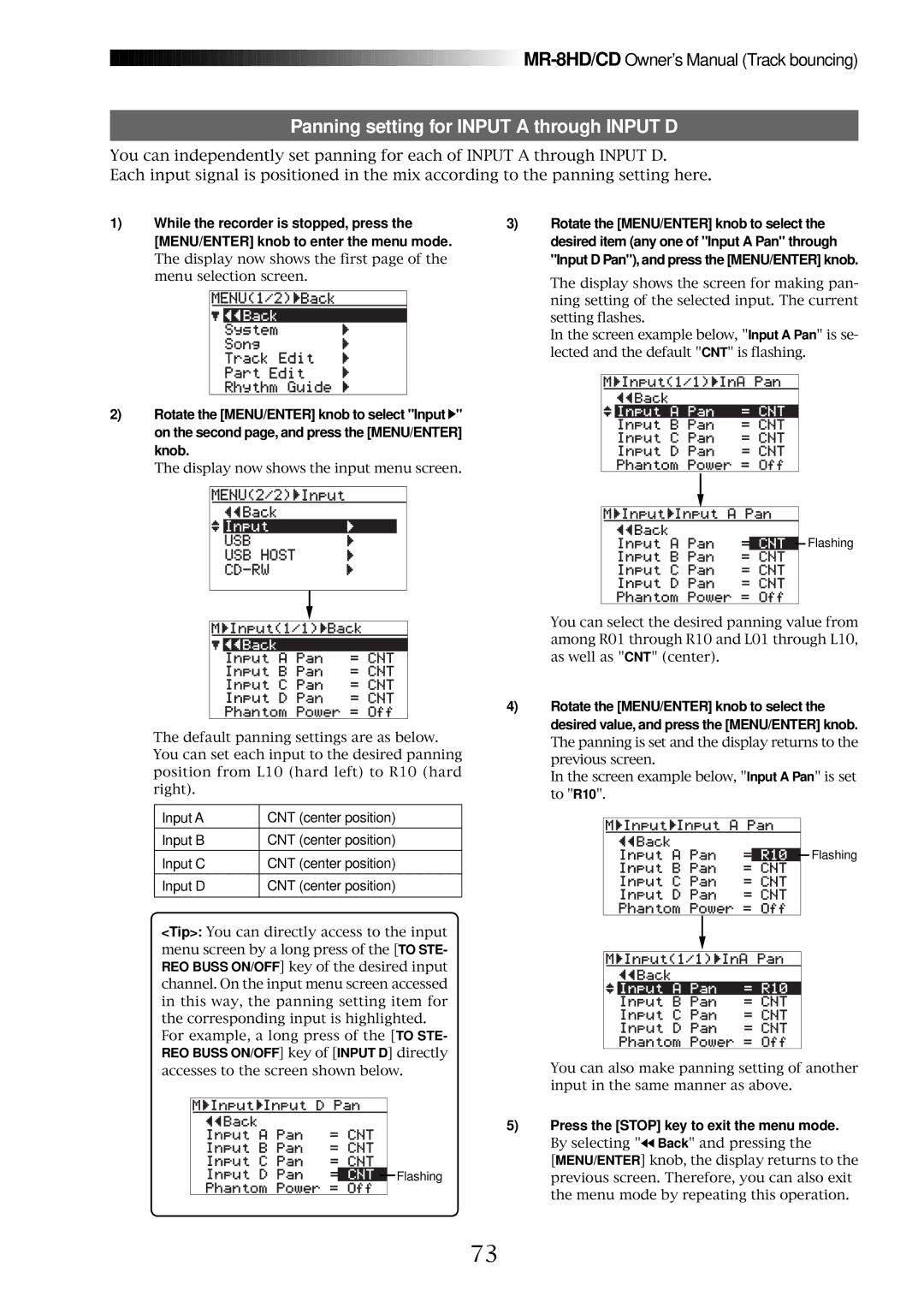 Fostex MR-8CD owner manual Panning setting for Input a through Input D, Press the Stop key to exit the menu mode 