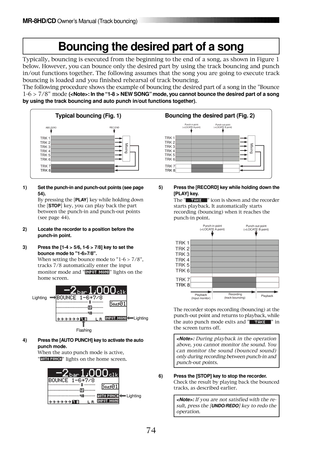 Fostex MR-8CD owner manual Bouncing the desired part of a song, Typical bouncing Fig Bouncing the desired part Fig 