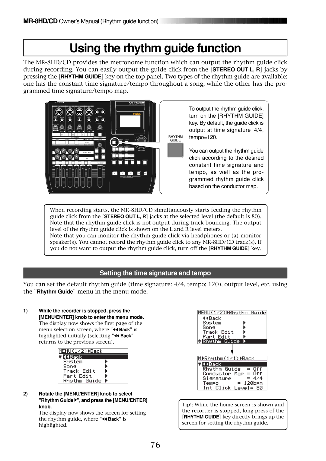 Fostex MR-8CD owner manual Using the rhythm guide function, Setting the time signature and tempo 