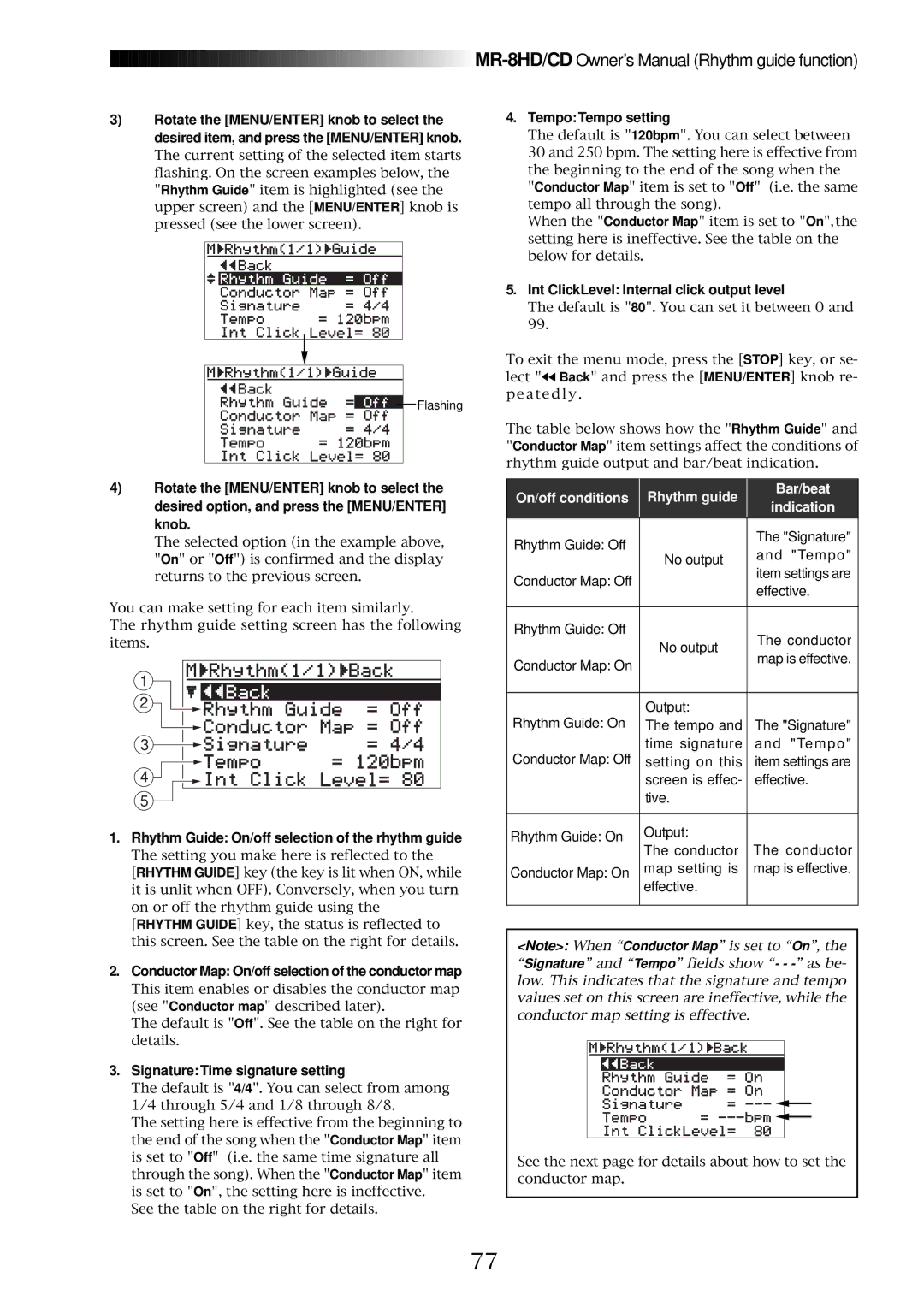 Fostex MR-8CD Tempo Tempo setting, Rhythm Guide On/off selection of the rhythm guide, Signature Time signature setting 