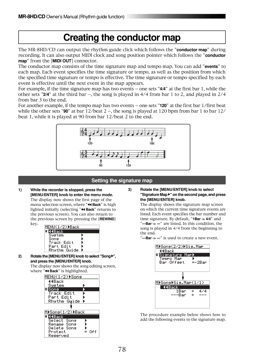 Fostex MR-8CD owner manual Creating the conductor map, Setting the signature map 